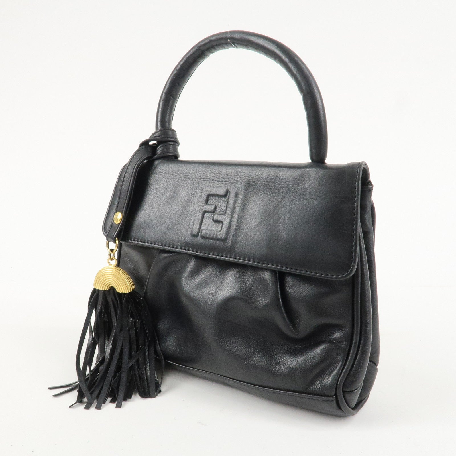 FENDI Leather Hand Bag Tassel Charm Gold Hardware Black Used