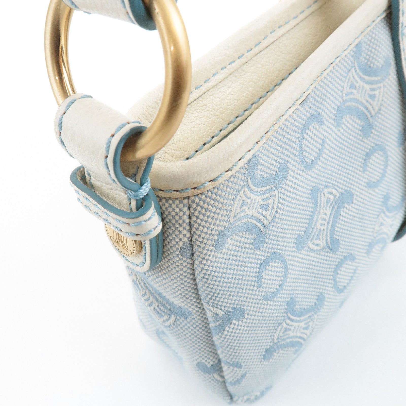 CELINE Canvas Leather Shoulder Bag Hand Bag Blue Ivory Used