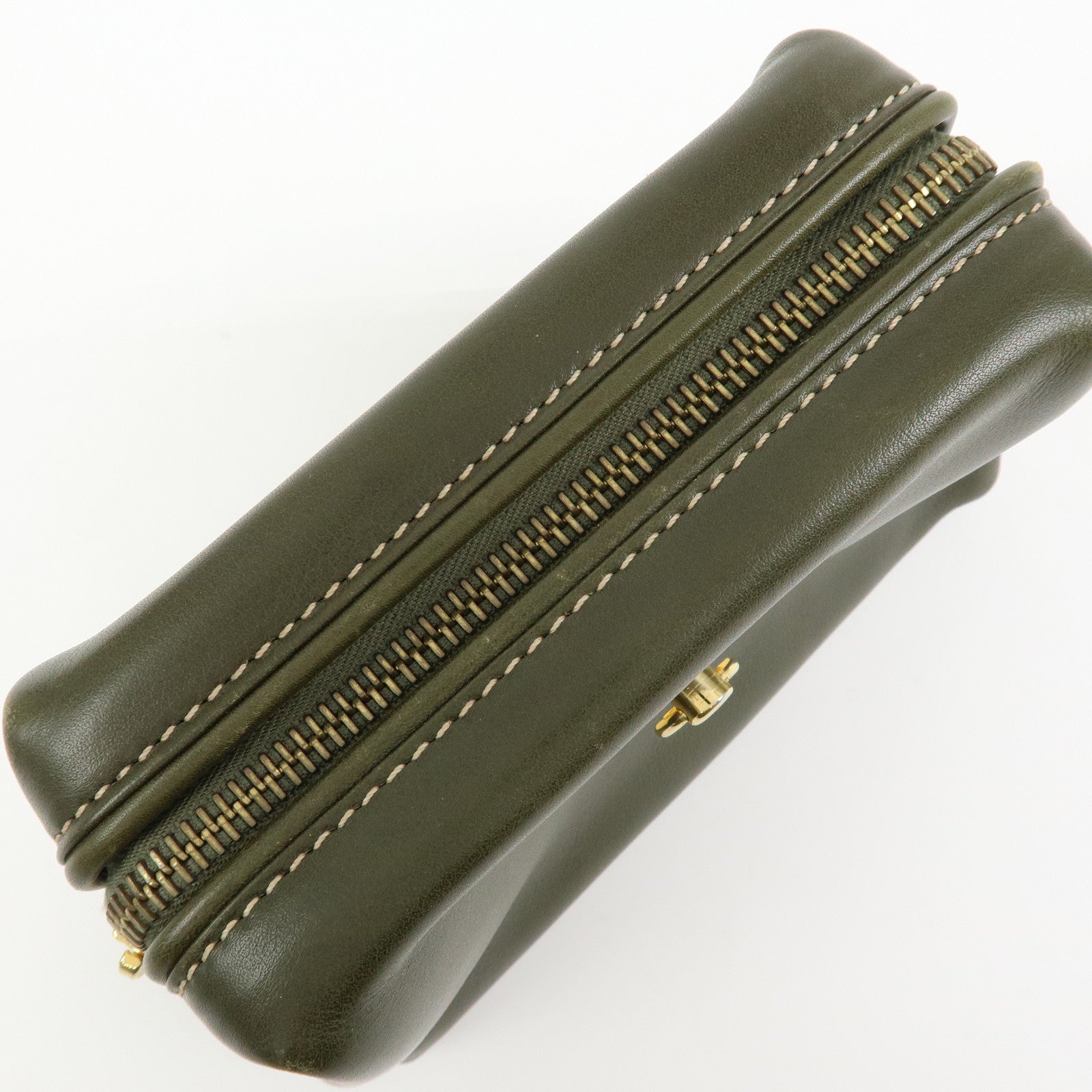 CELINE Logo Leather Accessory Pouch Cosmetic Case Khaki