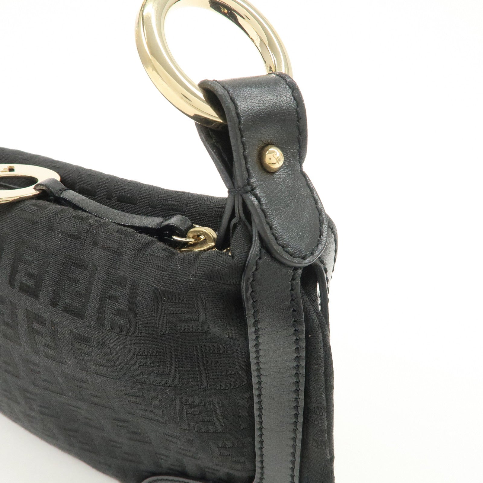 FENDI Zucchino Canvas Leather Logo Charm Shoulder Bag Black 8BR464