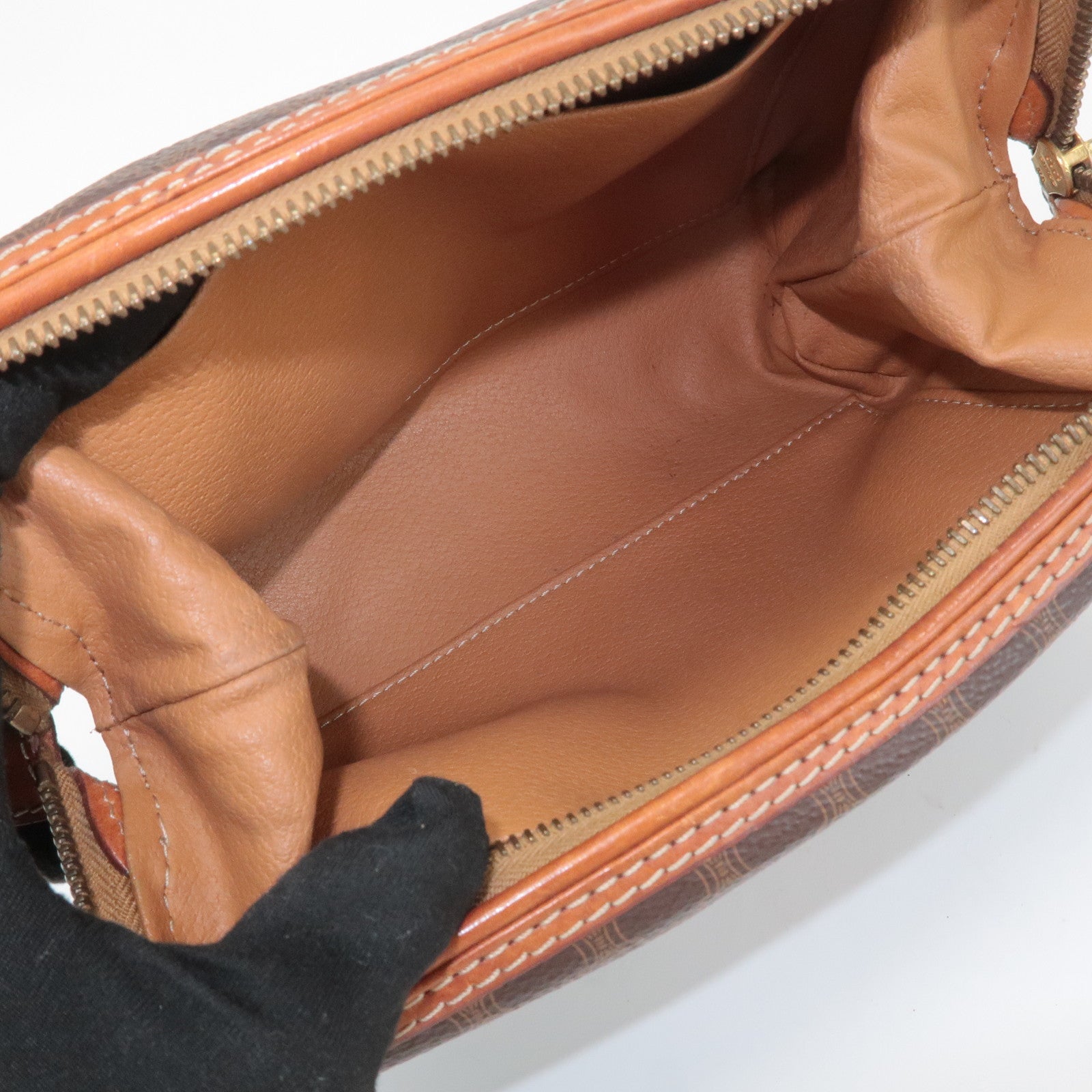 CELINE Macadam PVC Leather Canvas Pouch Brown Gold Hardware