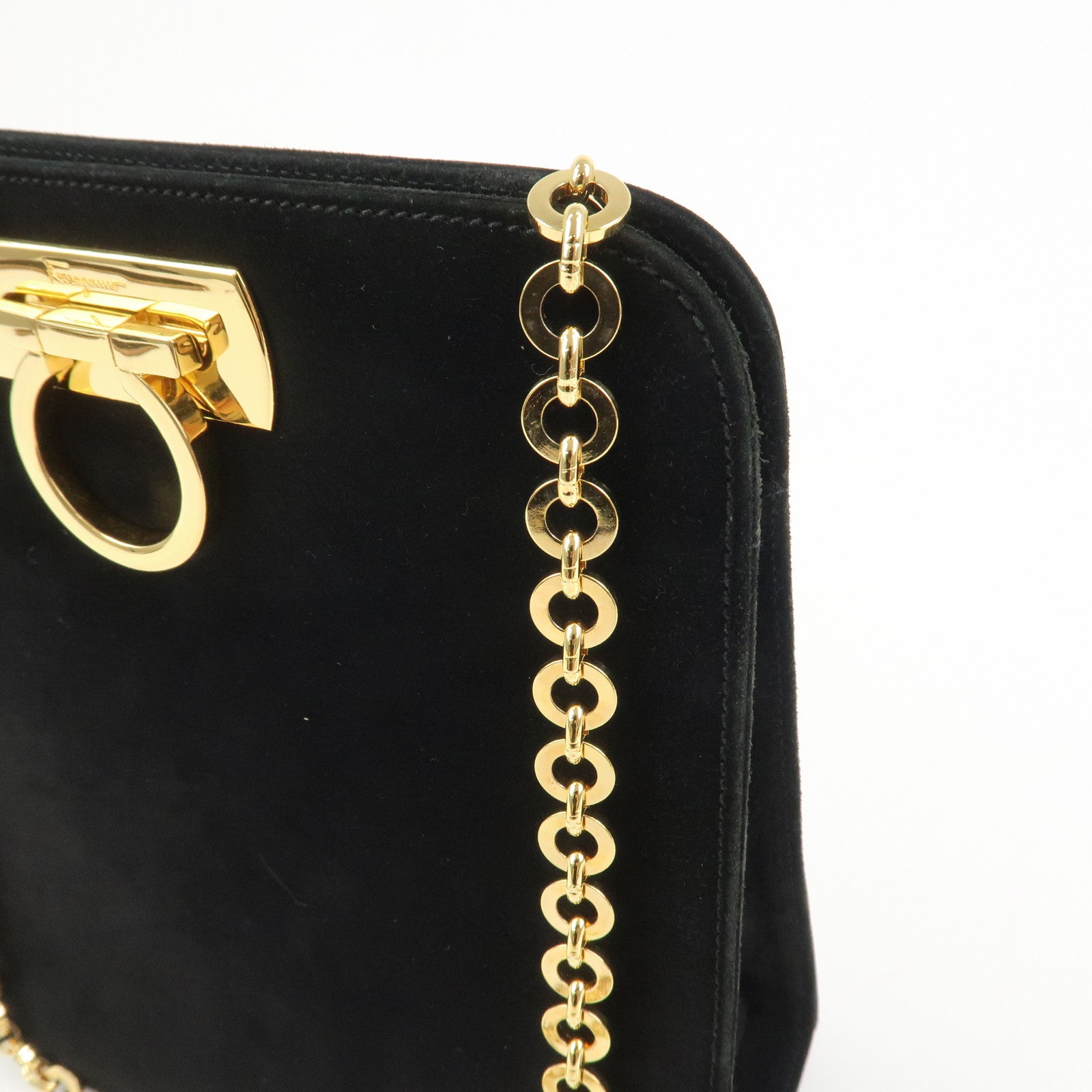 Ferragamo Gancini Suede Chain Shoulder Bag Crossbody Bag Black