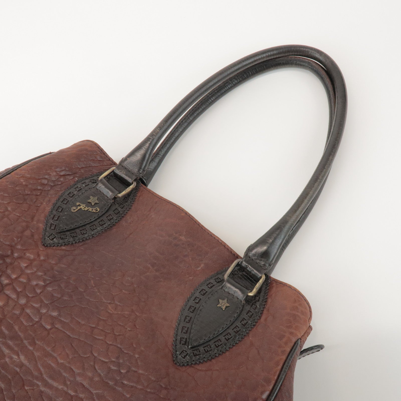 FENDI Etnico Leather Tote Bag Hand Bag Dark Brown 8BN162