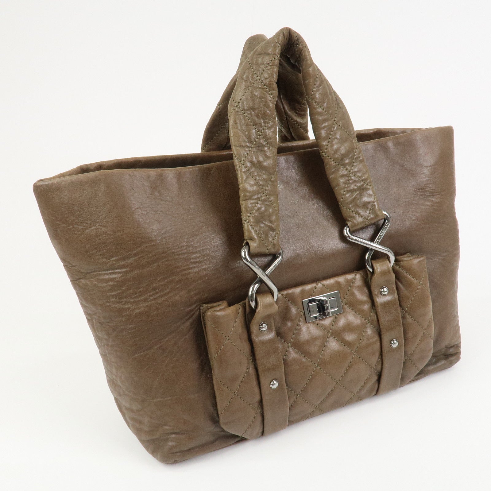 CHANEL Matelasse Lamb Skin Tote Bag Hand Bag Khaki