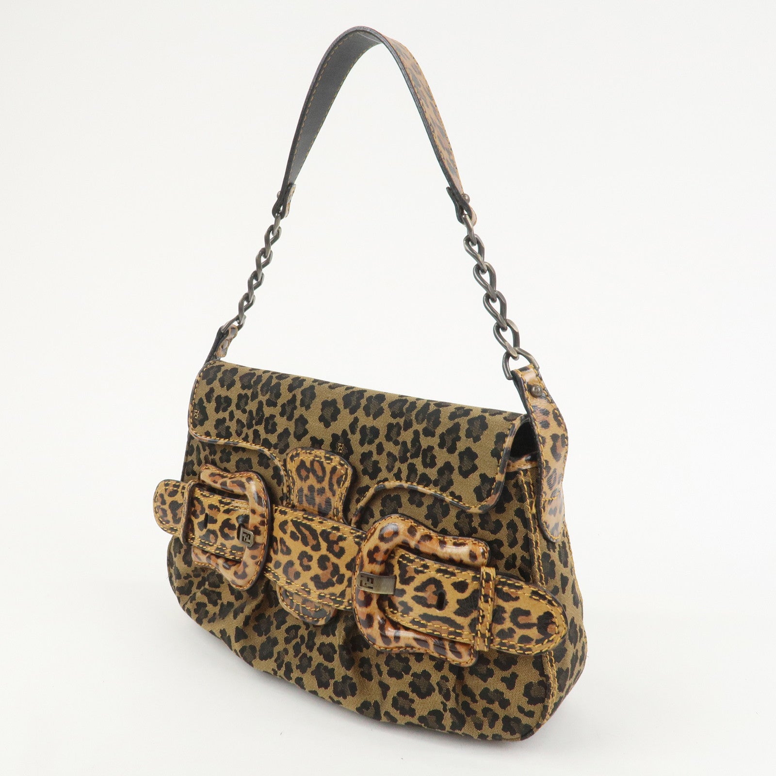 FENDI Canvas Leather Shoulder Bag Hand Bag Leopard Brown 8BR551