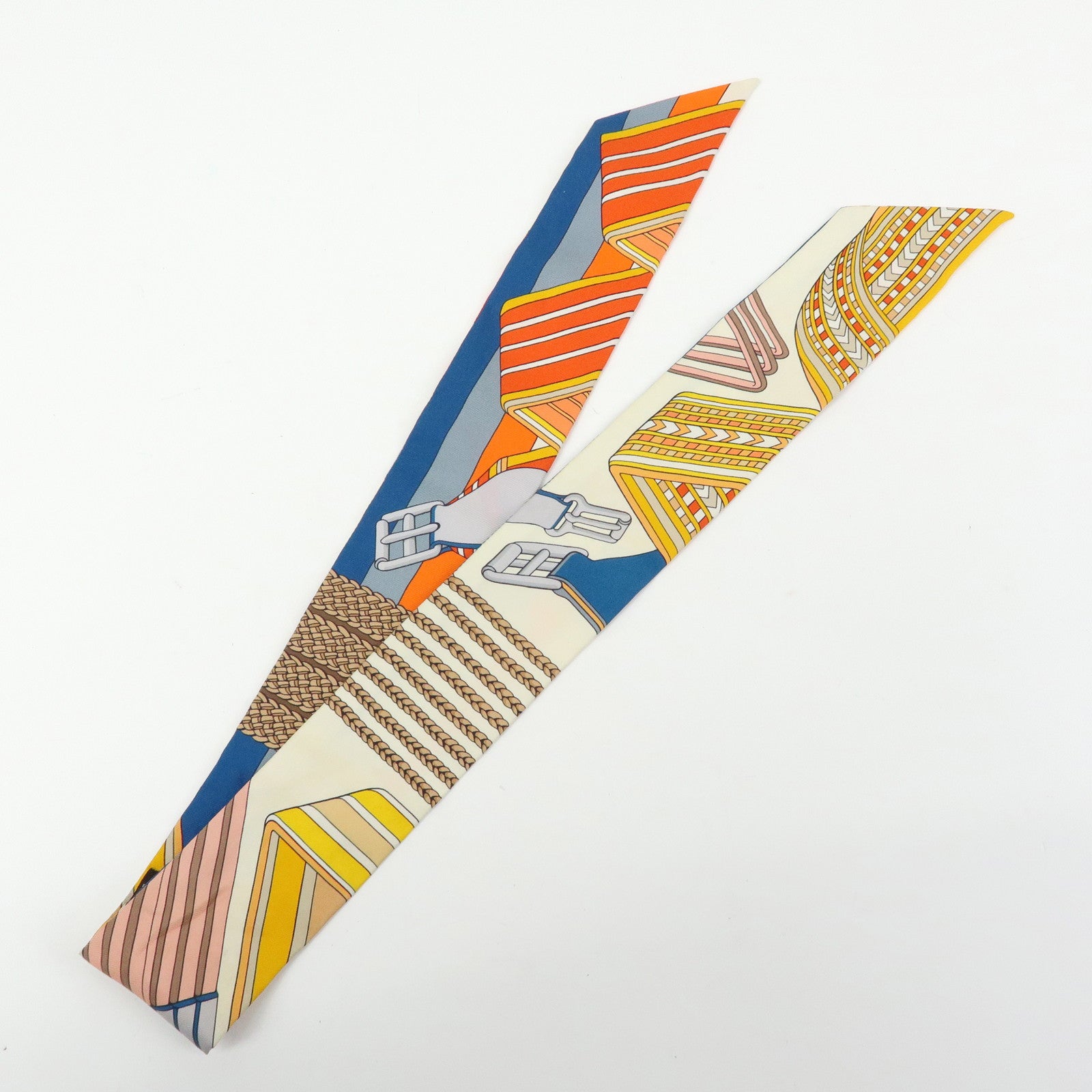 HERMES 100% Silk Twilly Scarf Sangles en Zigzag Orange Blue Ivory
