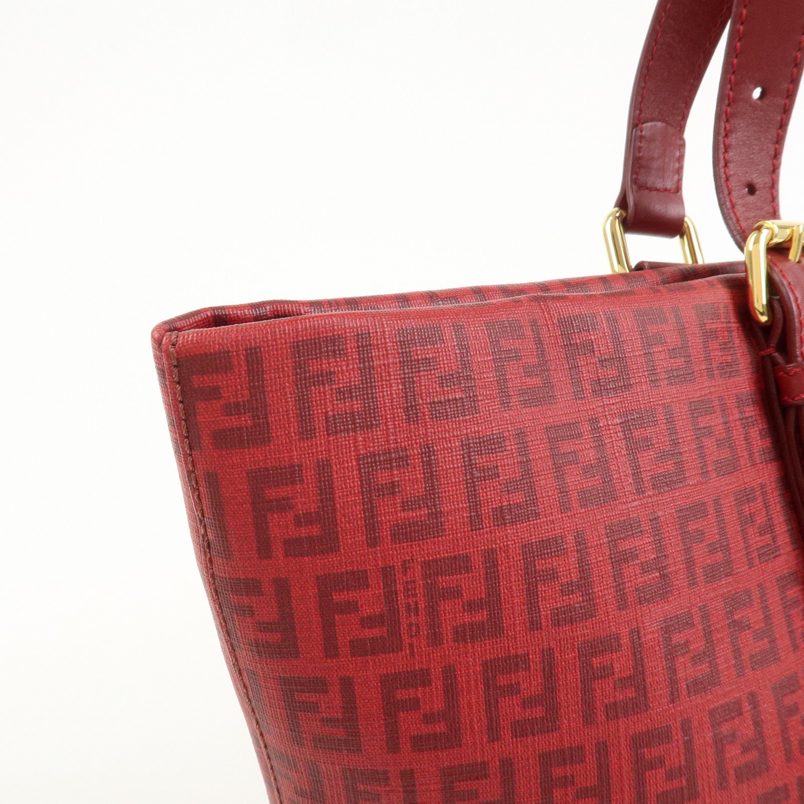 FENDI Zucchino PVC Leather Tote Bag Shoulder Bag Red Gold 8BH215