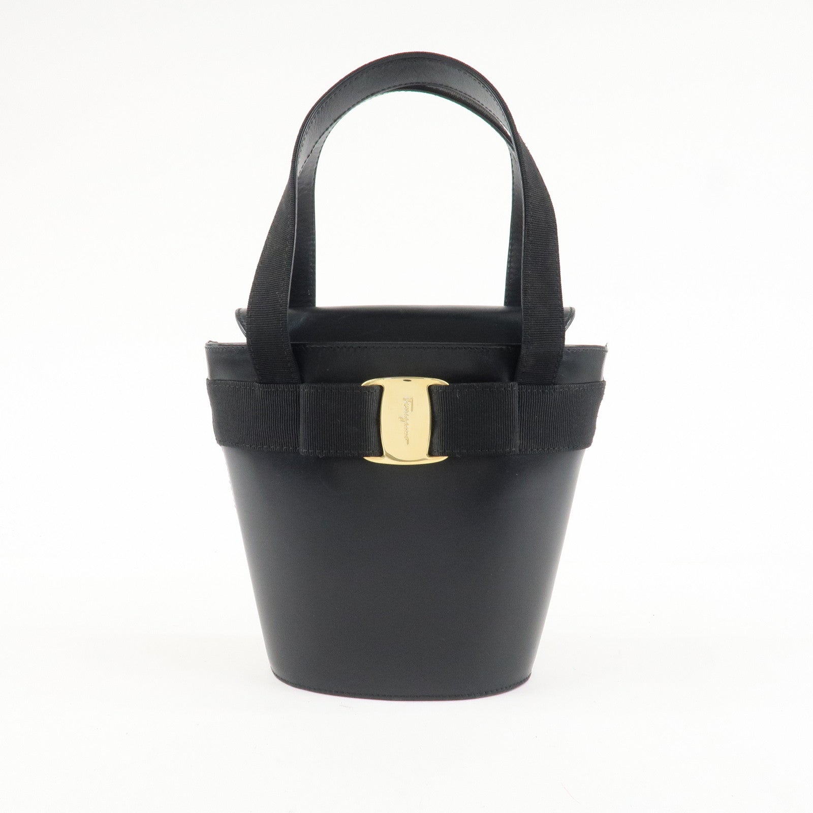 Ferragamo Vara Ribbon Leather Hand Bag Gold HDW Black Used