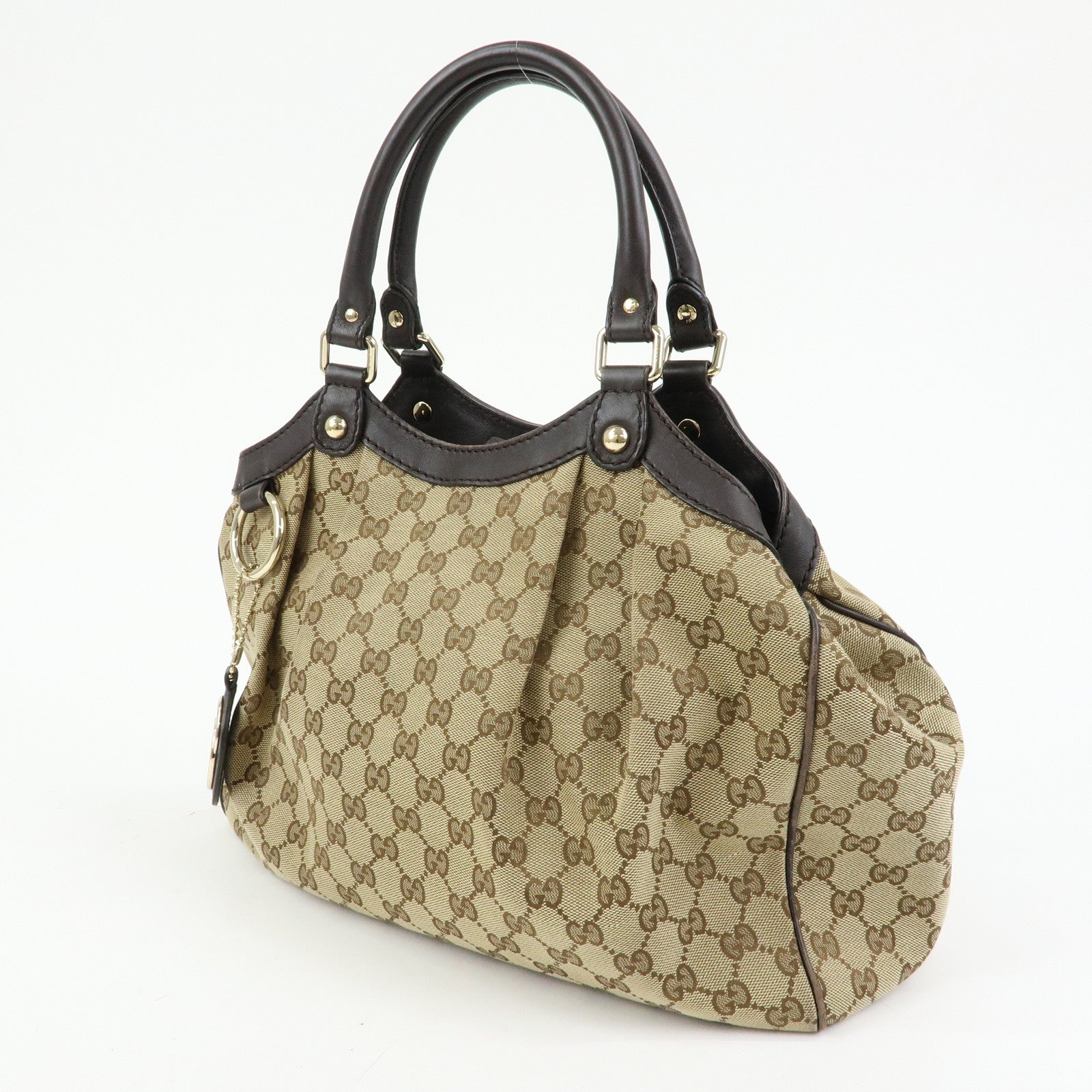 GUCCI GG Canvas Leather Tote Bag Hand Bag Dark Brown Beige 211944