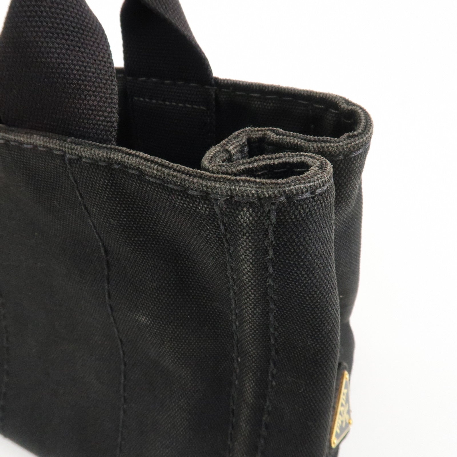 PRADA Logo Canapa Mini Canvas Tote Bag Hand Bag Black BN2439 Used