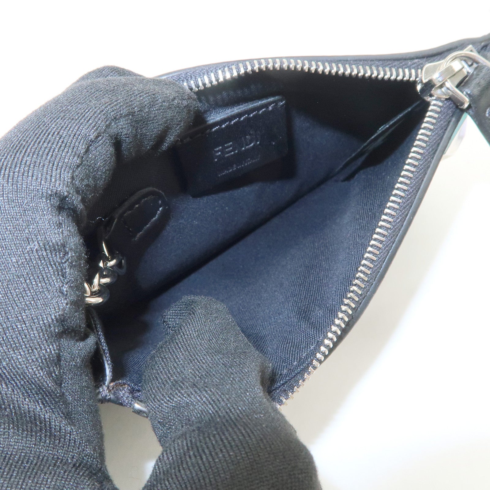 FENDI Logo Leather Studs Coin Purse Coin Case Black 8AP151 Used