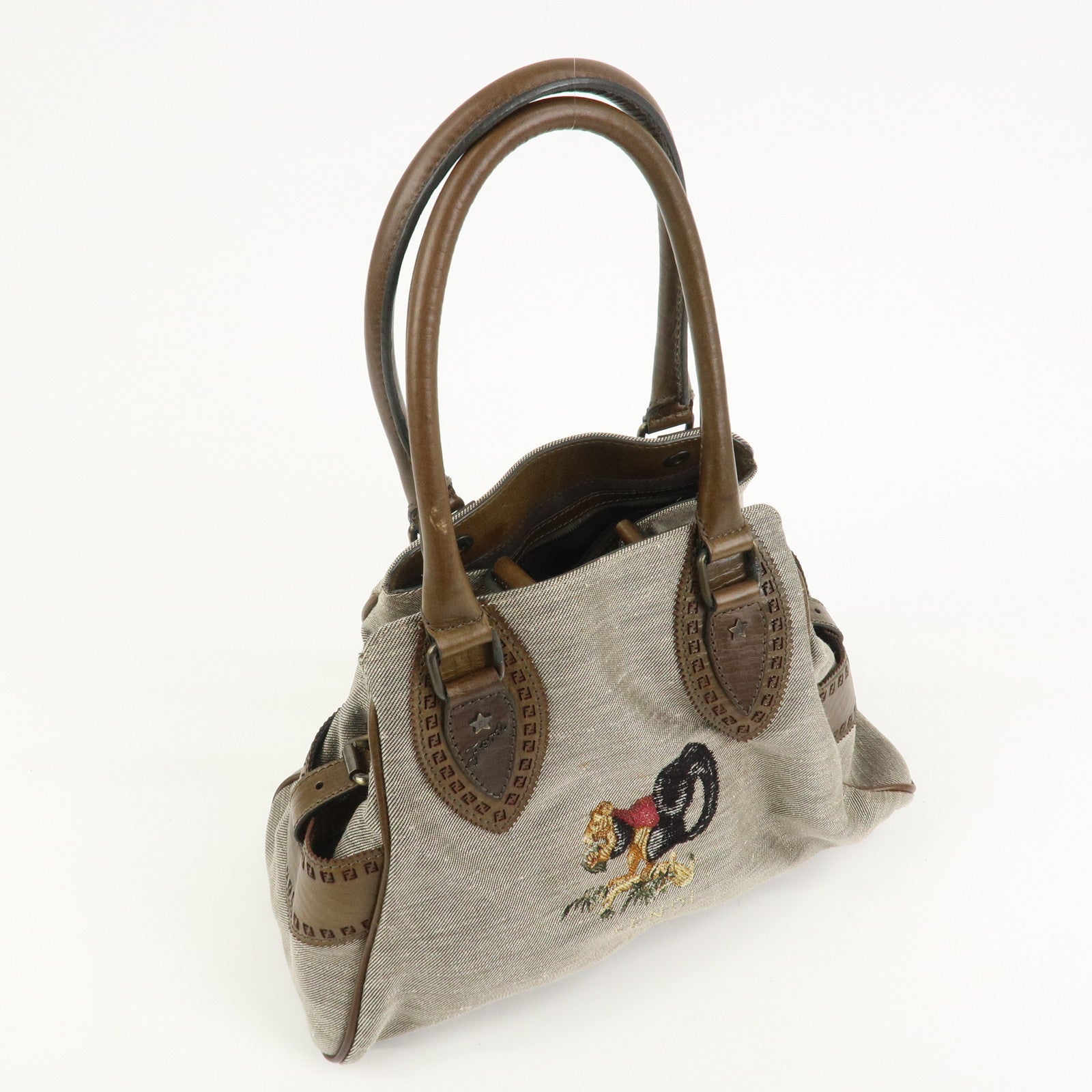 FENDI Etnico Squirrel Embroidery Tote Bag Shoulder Bag Gray 8BN157