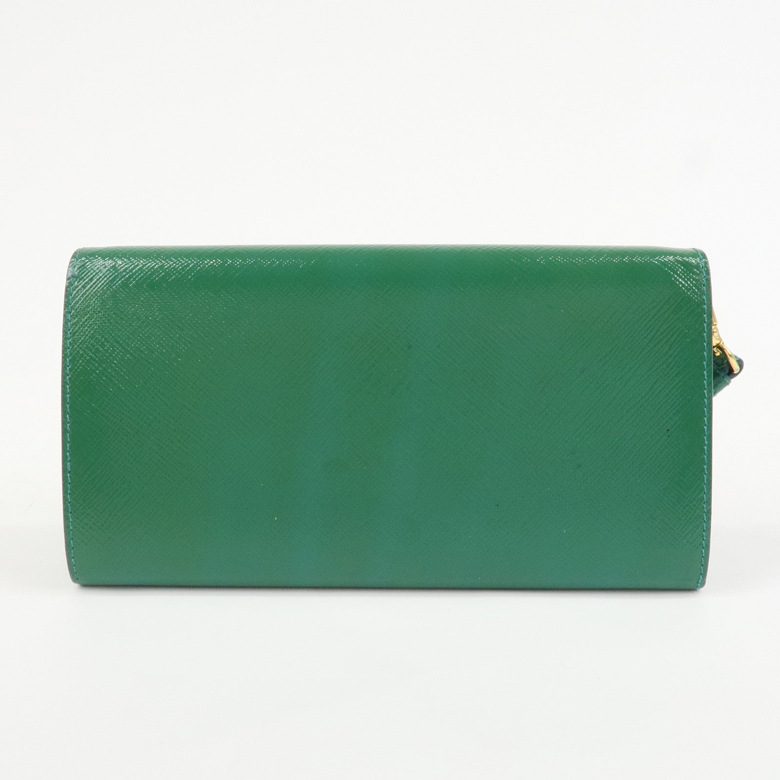 PRADA Triangle Logo Patent Leather Bi-Fold Long Wallet Green