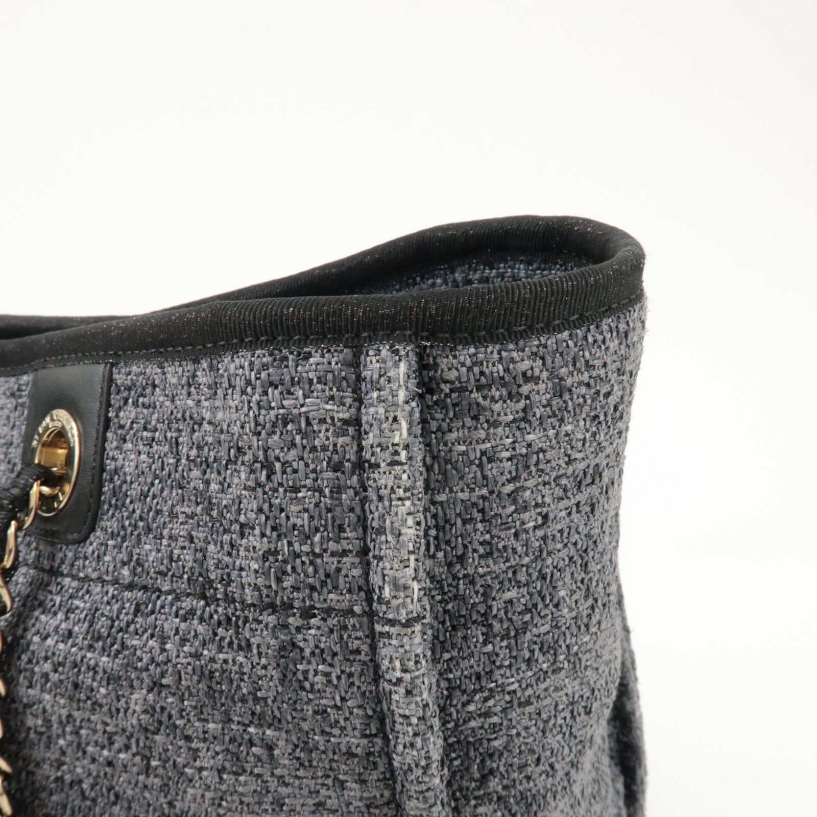 CHANEL Deauville Raffia Leather Chain Tote Bag MM Navy A66941 Used