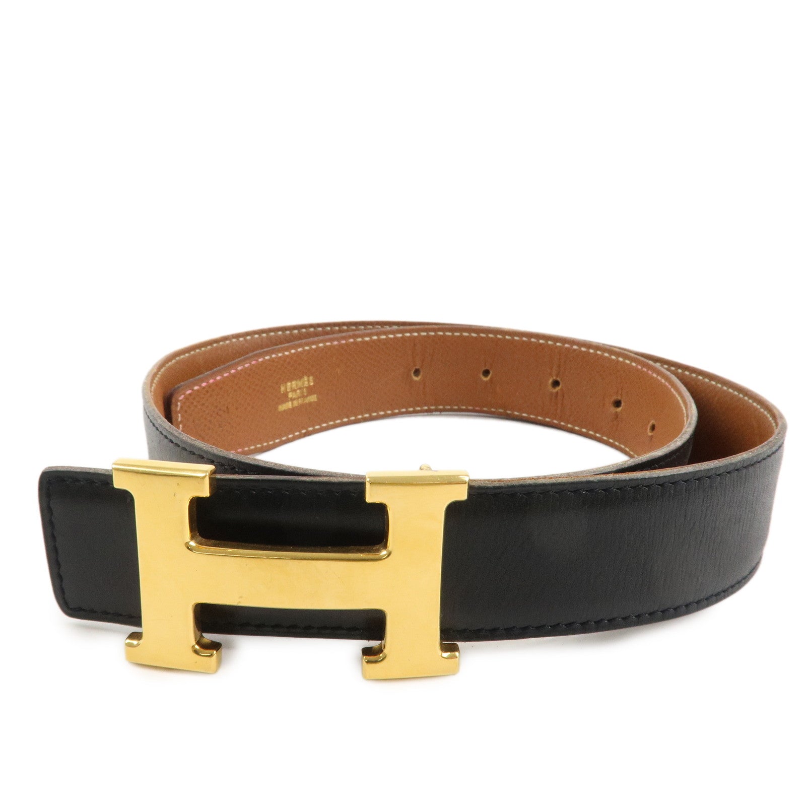 HERMES H Buckle Reversible Box Calf Constance Belt X Stamped Black Used