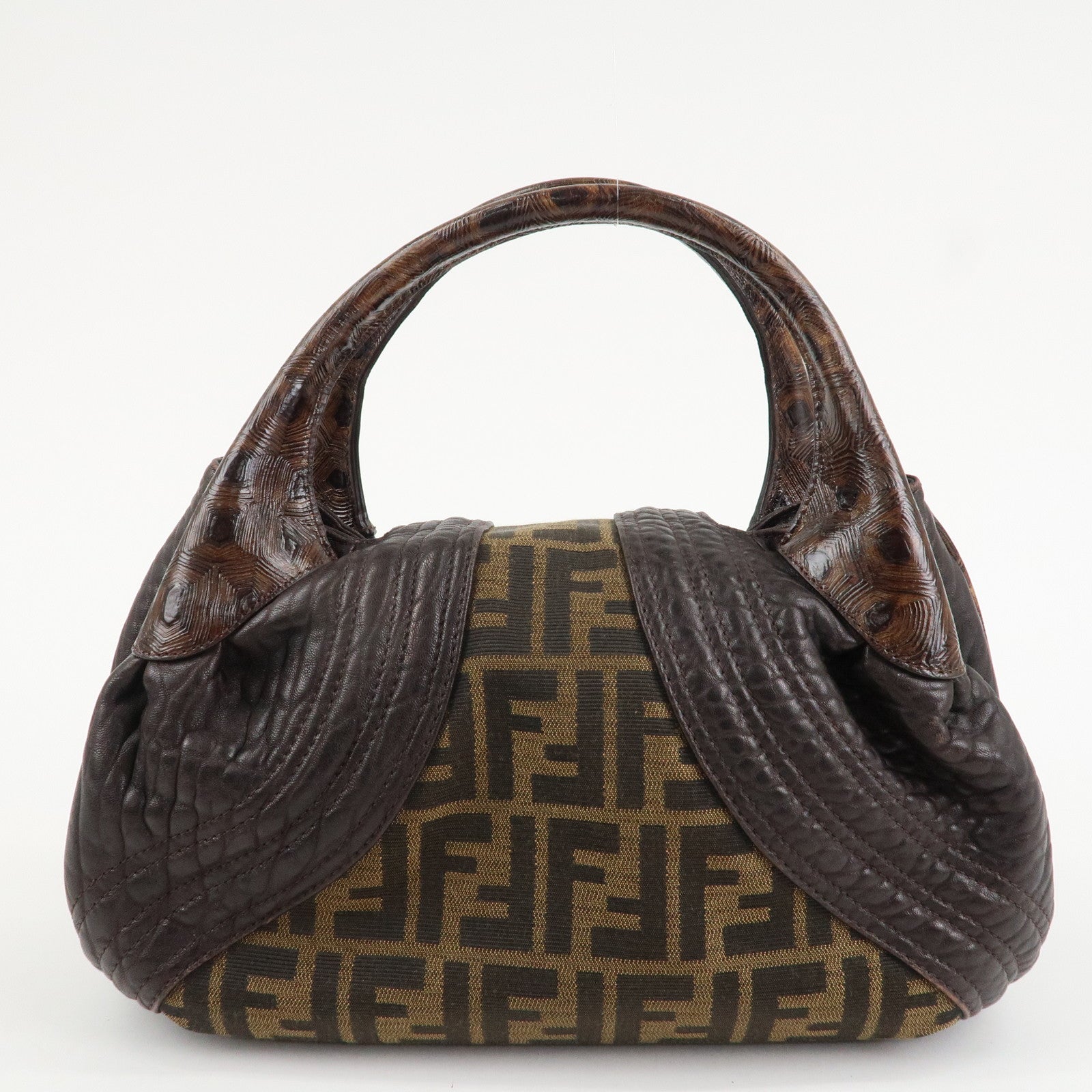 FENDI Zucca Mini Spy Canvas Leather Hand Bag Brown Black 8BR589 Used
