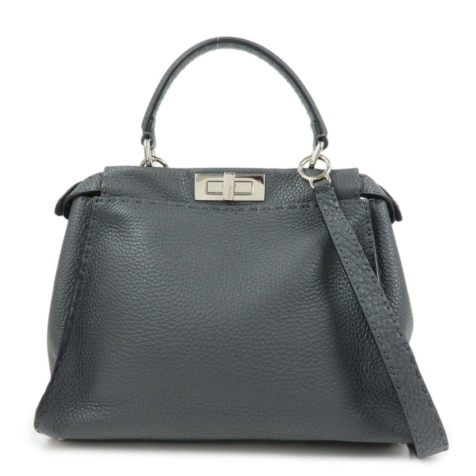 FENDI Peekaboo Selleria Leather 2Way Hand Shoulder Bag Gray 8BN290