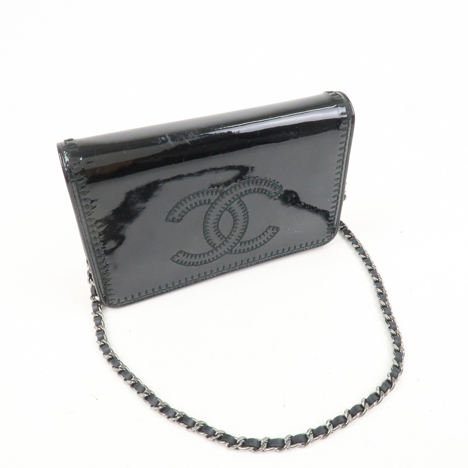 CHANEL COCO Mark Patent Leather Chain Wallet Shoulder Bag Black