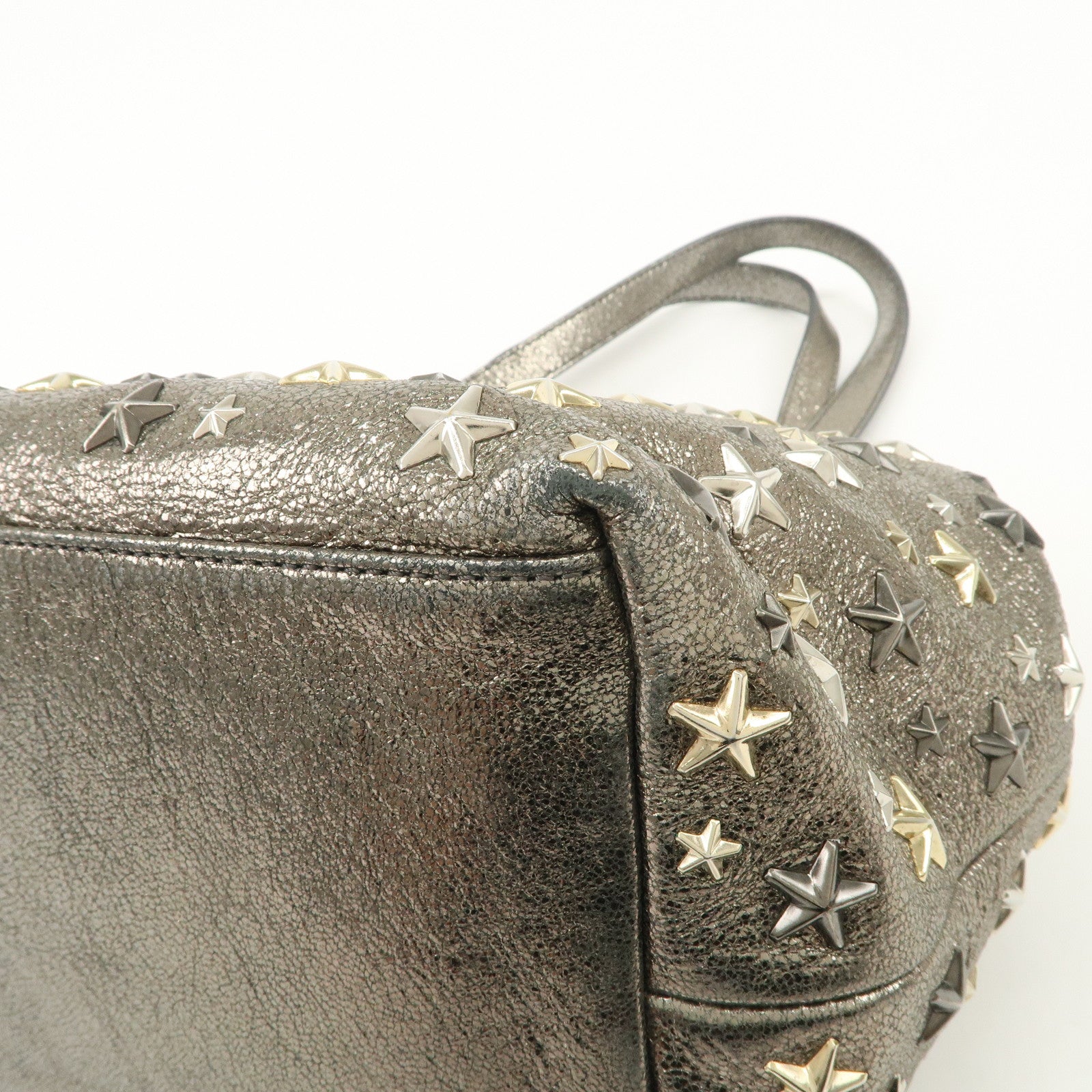 JIMMY CHOO Sophia Studs Leather Tote Bag Shoulder Bag Silver