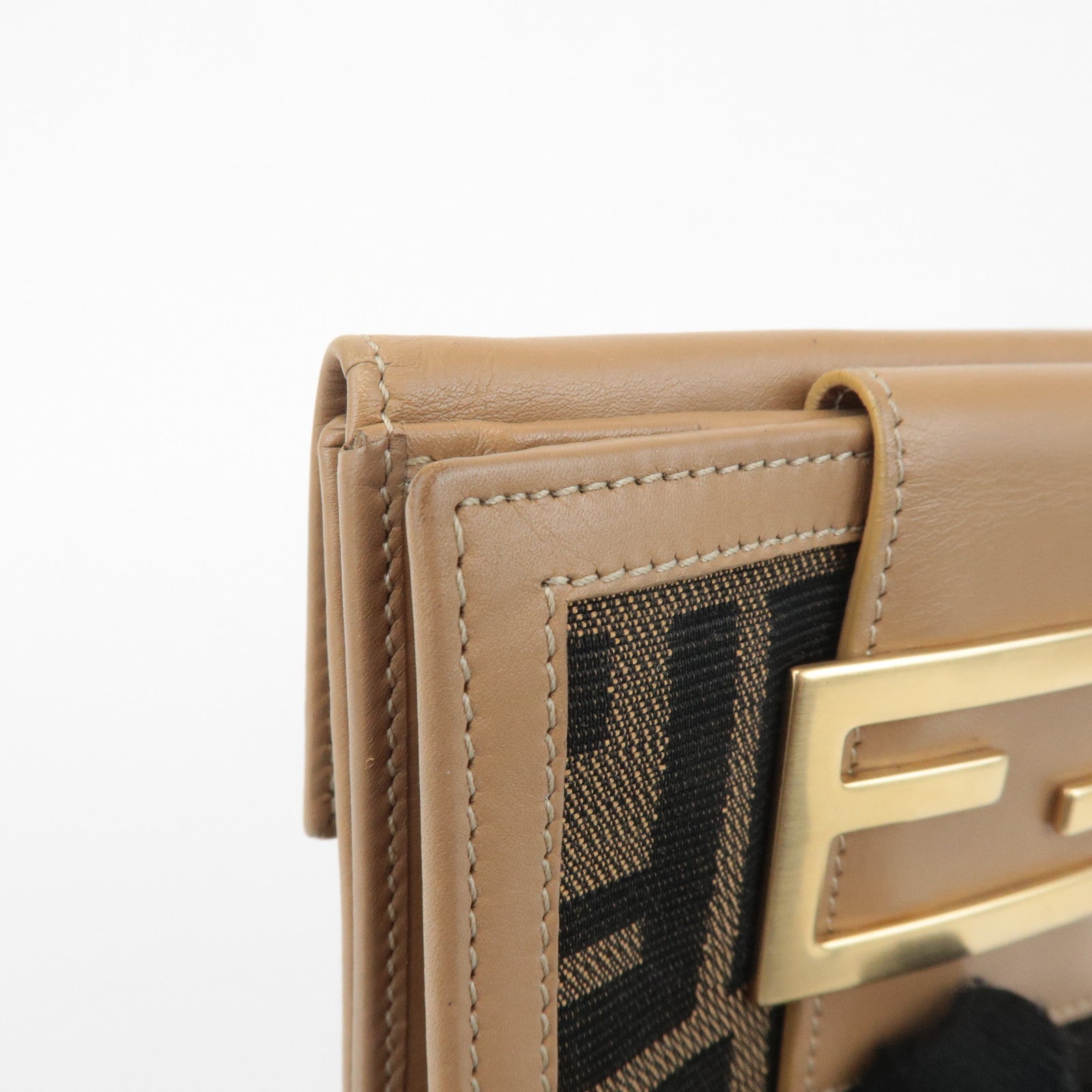 FENDI Zucca Leather Canvas Double Hook Bi Fold Wallet Beige 8M0035 Used