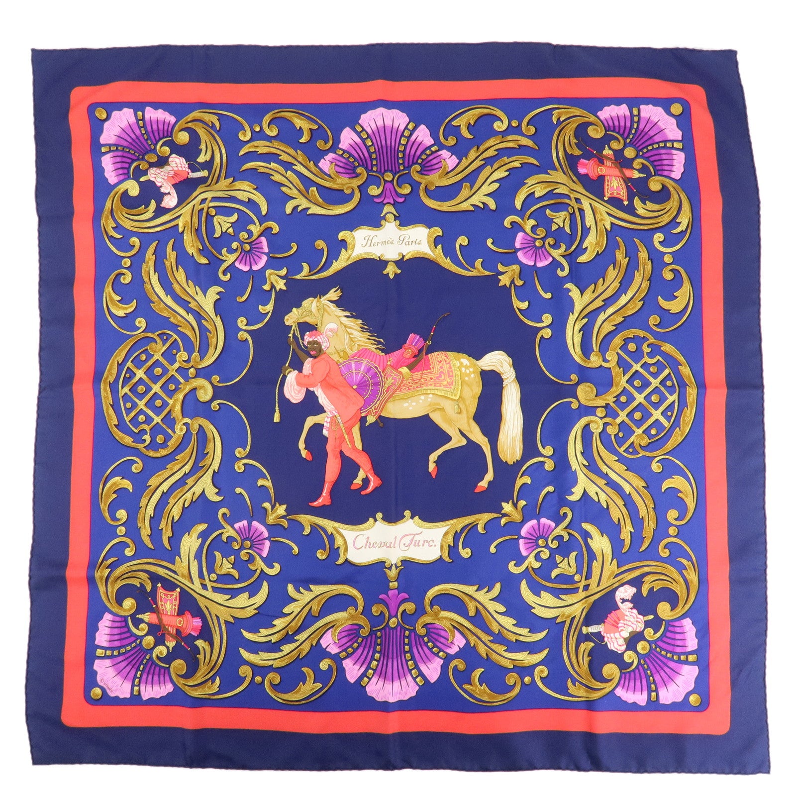 HERMES Carre 90 Silk 100% Scarf Cheval Turc Blue Gold Navy Used
