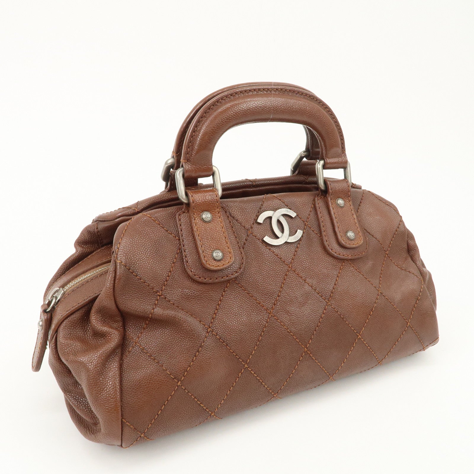 CHANEL COCO Mark Wild Stitch Caviarskin Boston Bag Brown