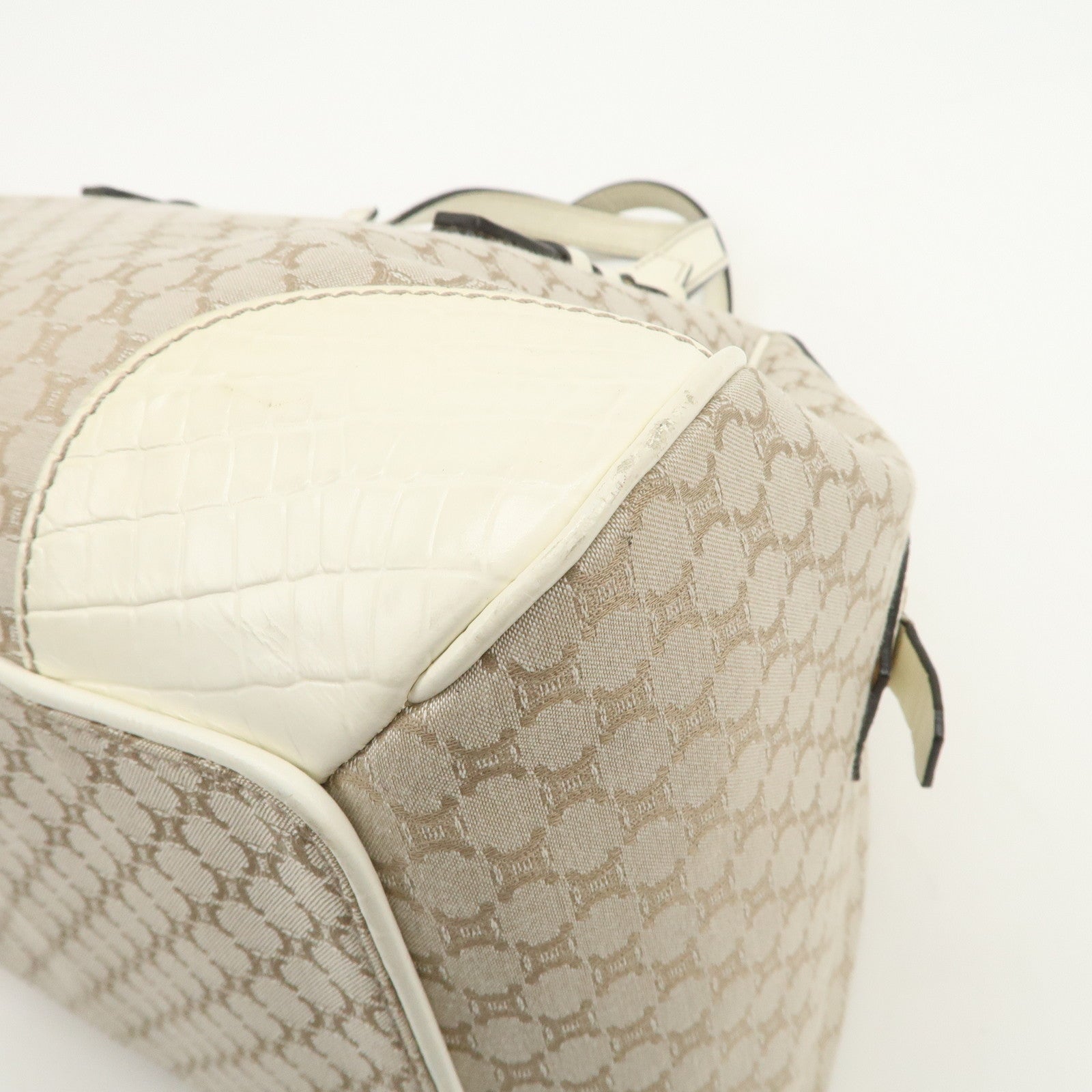 CELINE Macadam Canvas Leather Boston Bag Hand Bag Beige Ivory