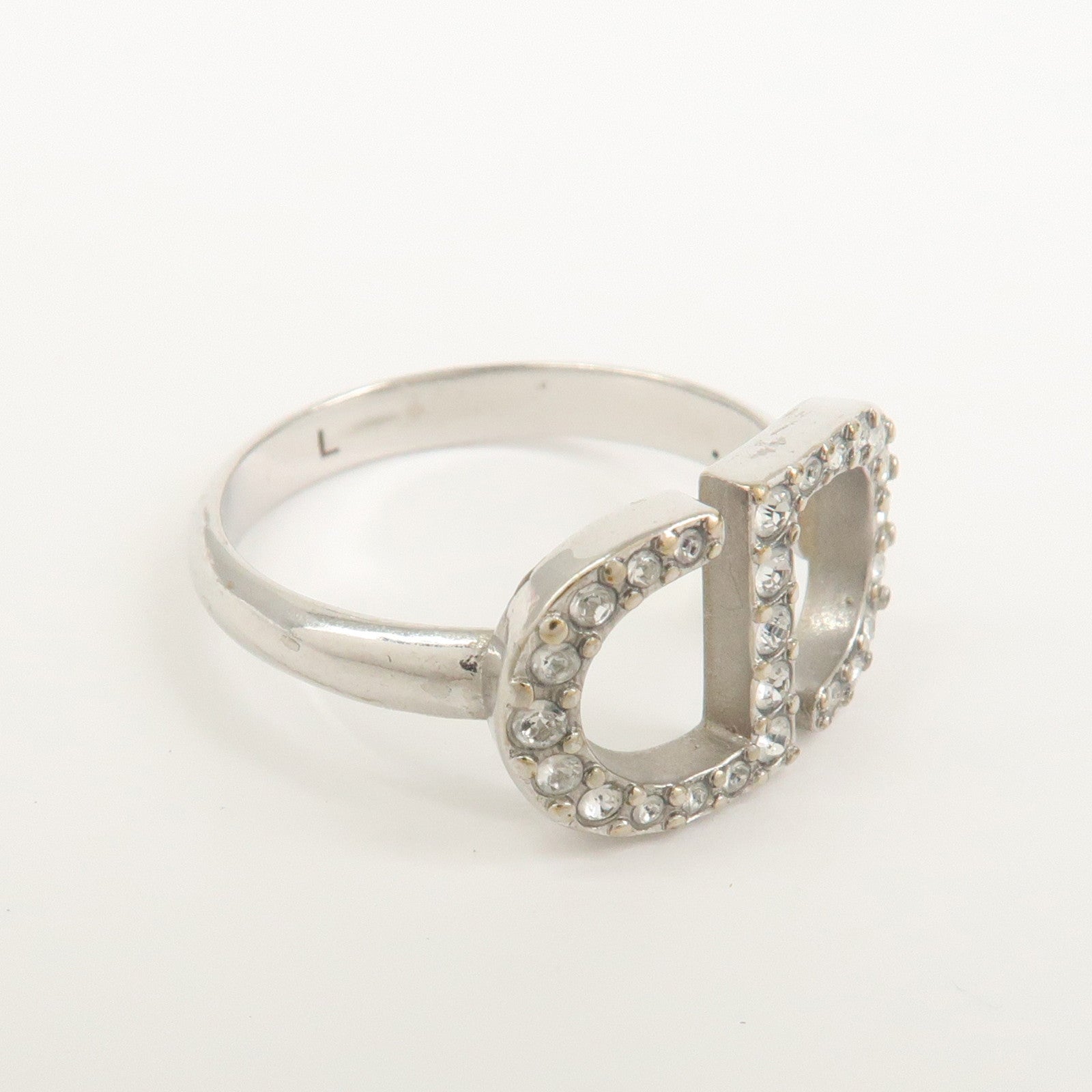 Christian Dior CD Logo Metal Rhinestone Ring Silver