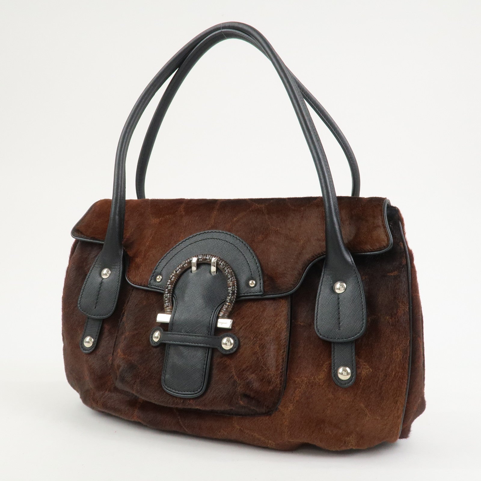 Ferragamo Gancini Logo Unborn Calf Leather Shoulder Bag Brown