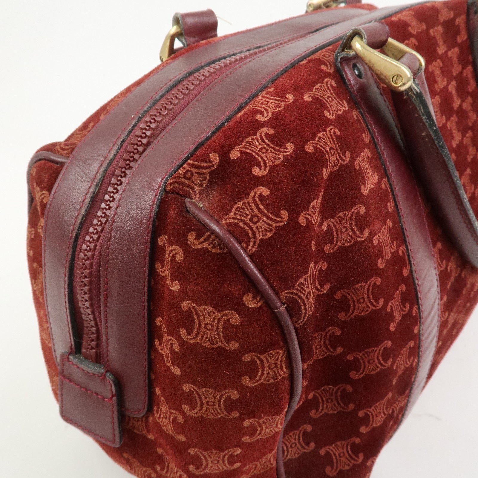 CELINE Macadam Logo Suede Leather Boston Bag Hand Bag Red Brown