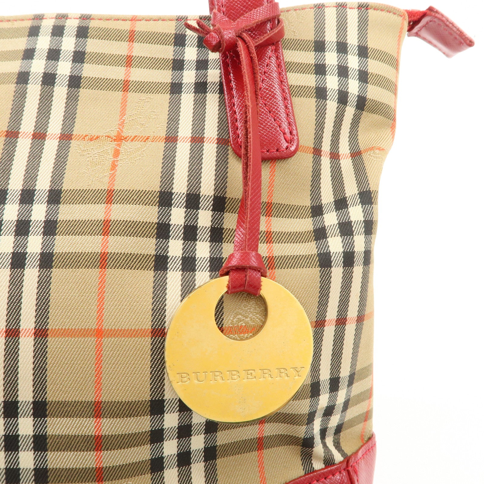 BURBERRY Leather Canvas Tote Bag Hand Bag Nova Plaid Red Beige Used