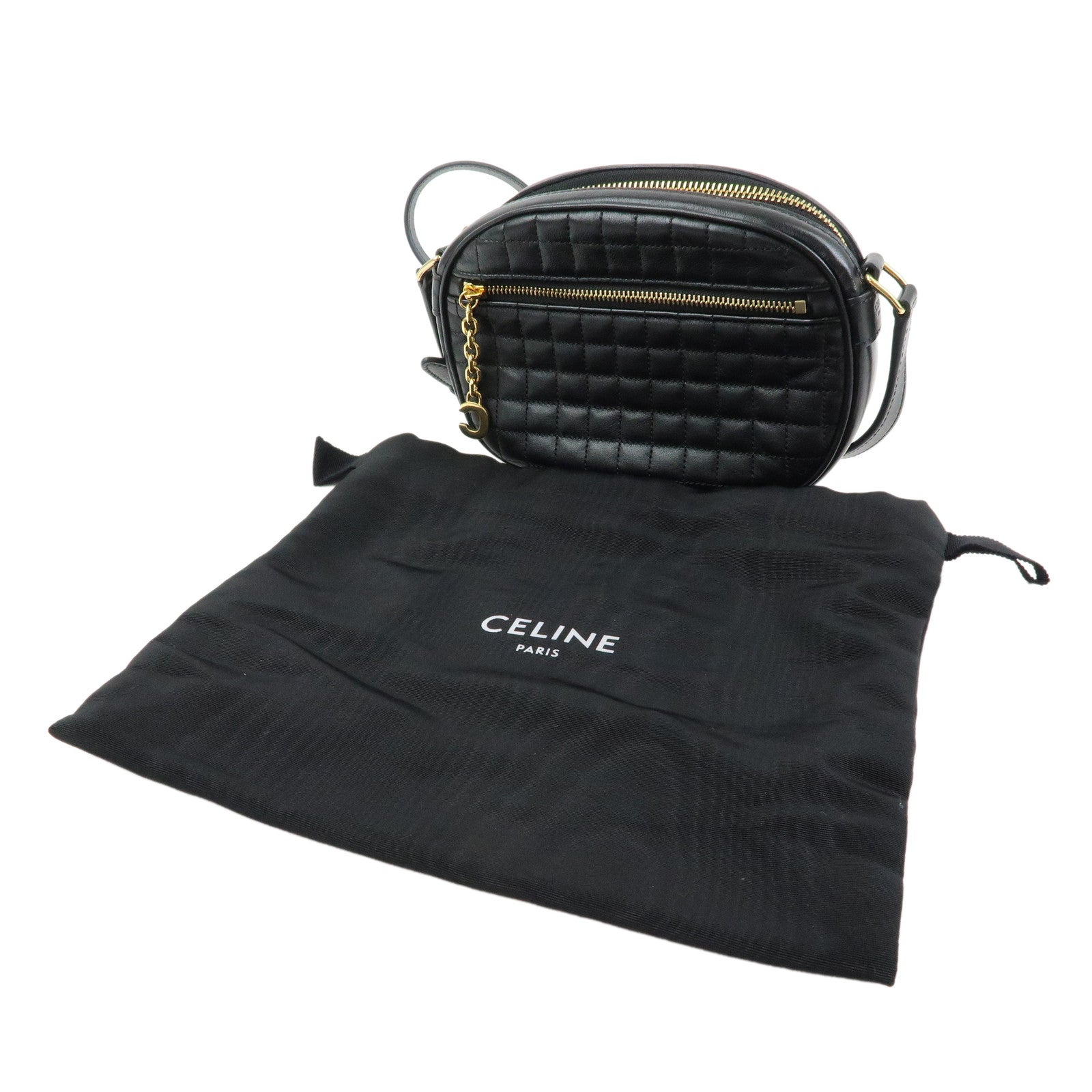 CELINE C Charm Leather Shoulder Bag Crossbody Bag Camera Bag Black