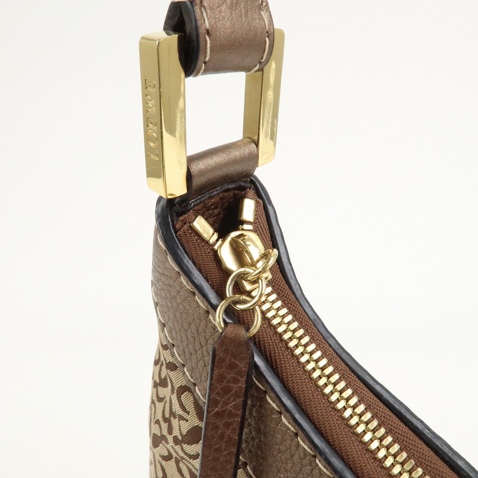 LOEWE New Road Line Logo Canvas Leather Shoulder Bag Brown Beige