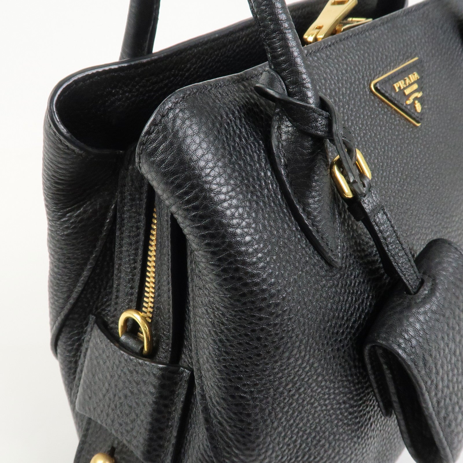 PRADA Triangle Logo Leather 2 Way Bag Hand Bag Black 1BA127