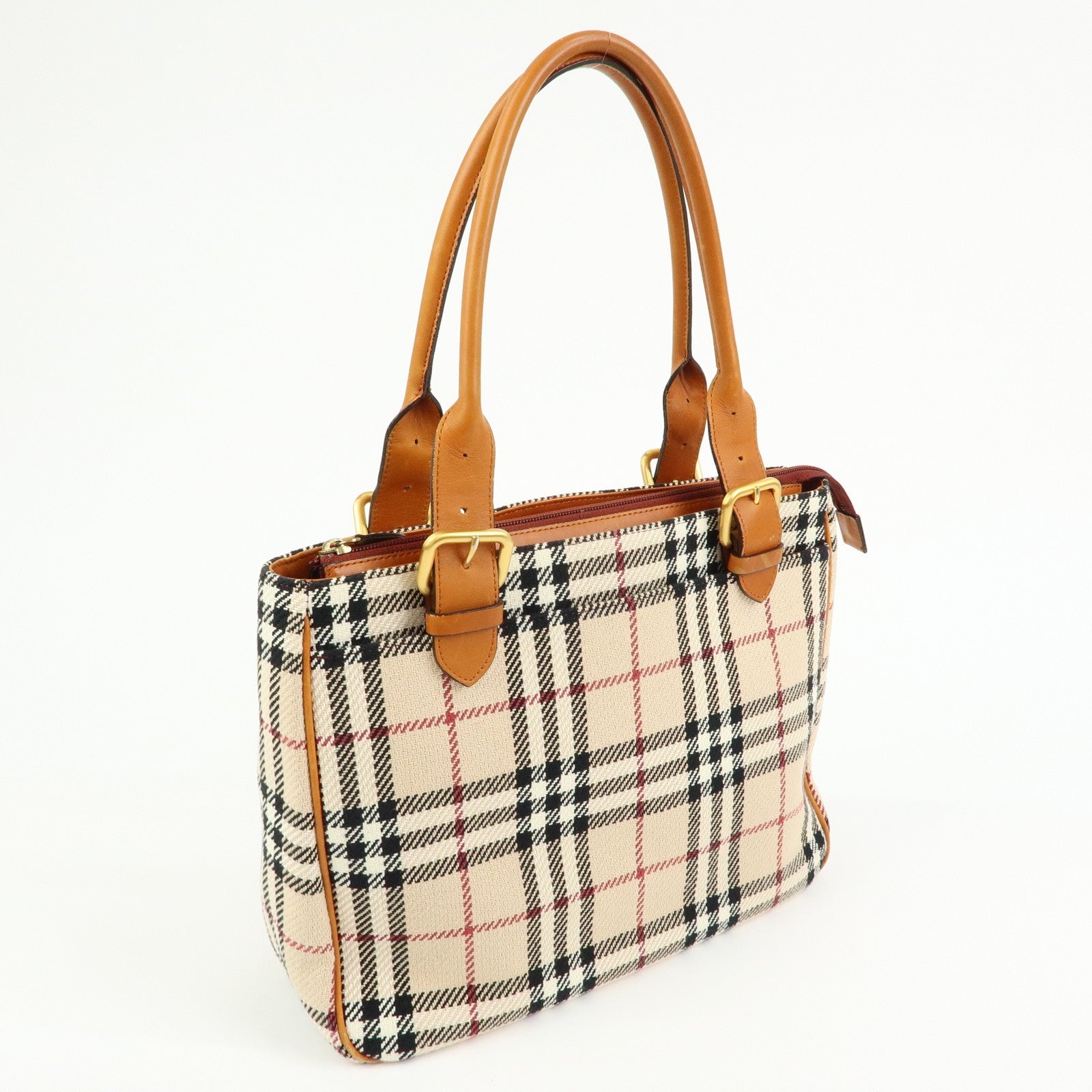 BURBERRY Nova Plaid Canvas Leather Tote Bag Hand Bag Beige Camel