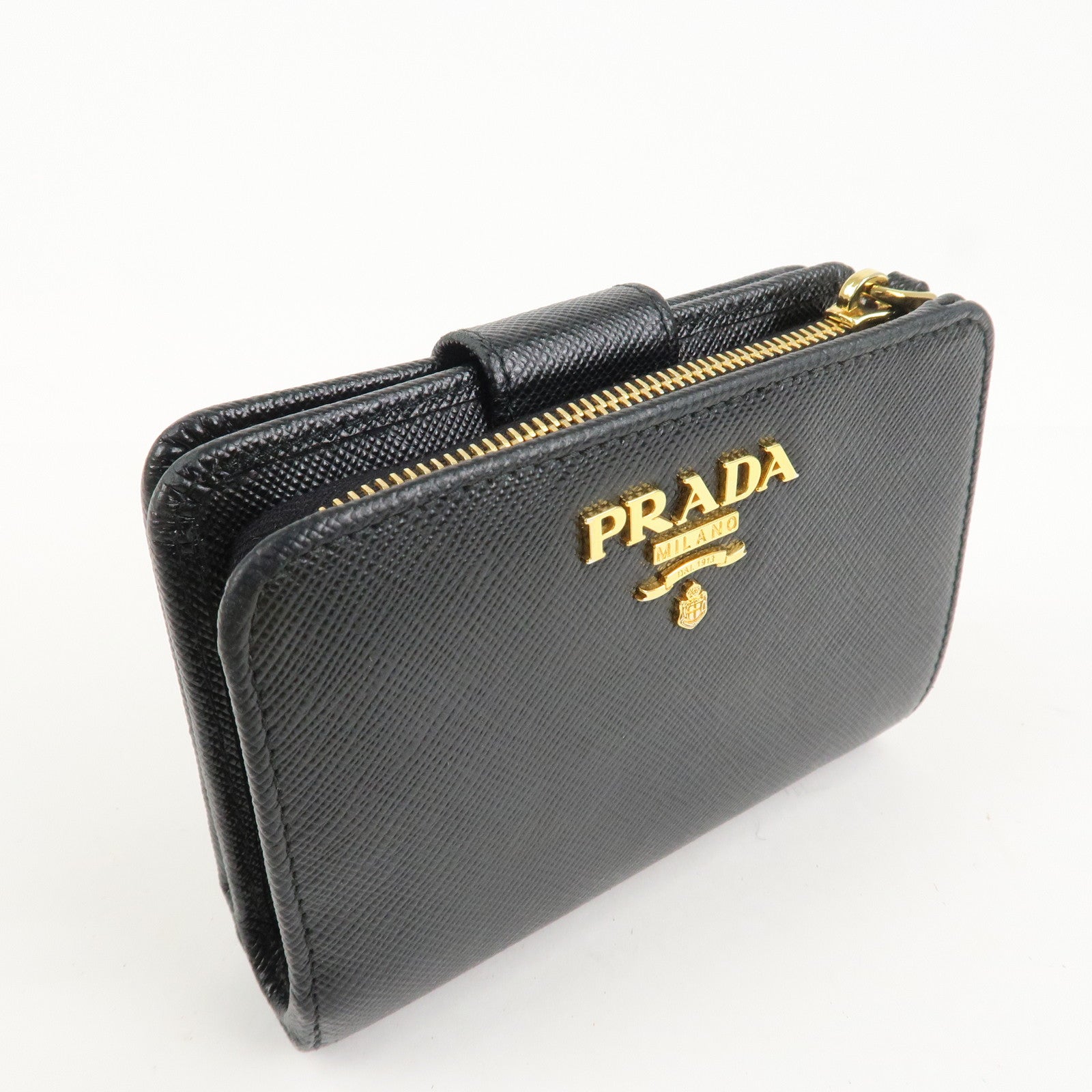 PRADA Saffiano Leather Bi-Fold Wallet Black Red Gold 1ML018 Used