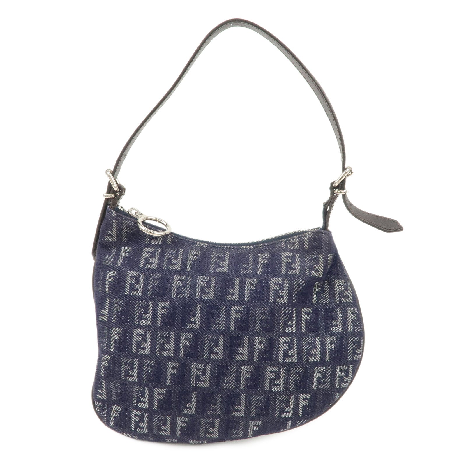 FENDI Zucchino Canvas Leather Shoulder Bag Hand bag Navy 8BR248 Used