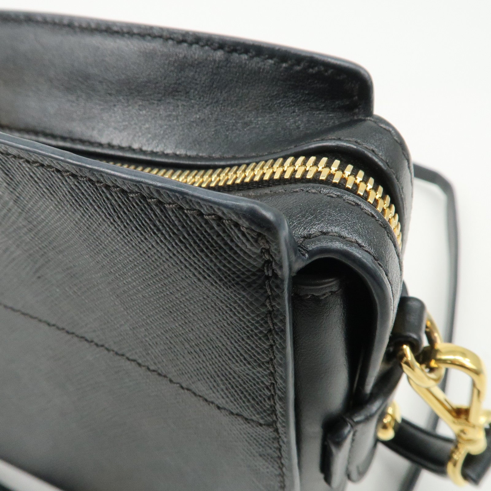 PRADA Logo Saffiano Leather Shoulder Bag Gold HDW Black