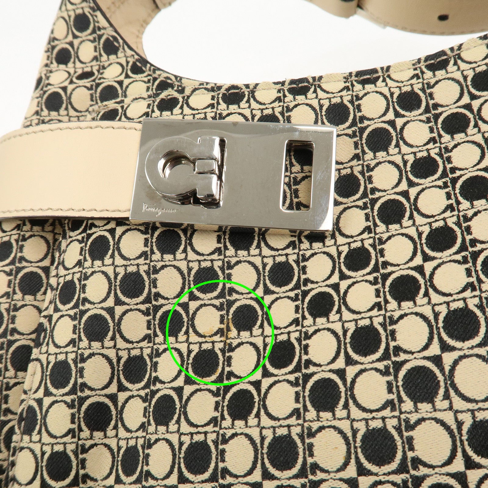 Ferragamo Gancini Canvas Leather Shoulder Bag Hand Bag Beige Black