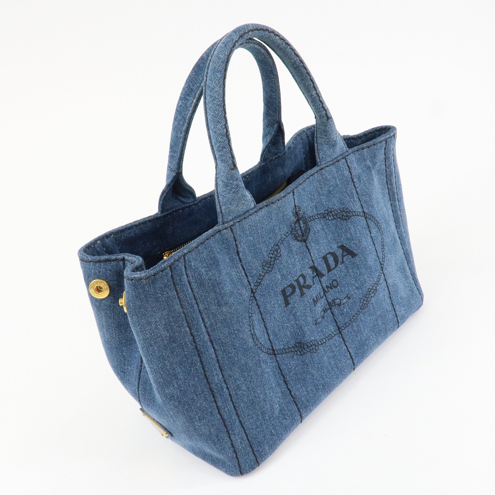 PRADA Logo Canapa Mini Denim 2Way Tote Bag Shoulder Bag Blue 1BG439 Used