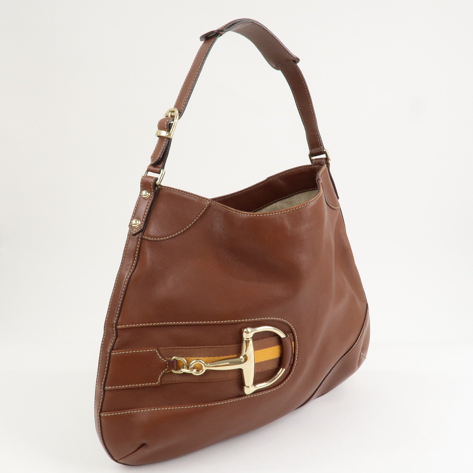 GUCCI Horsebit GG Canvas Leather Shoulder Bag Brown 137386