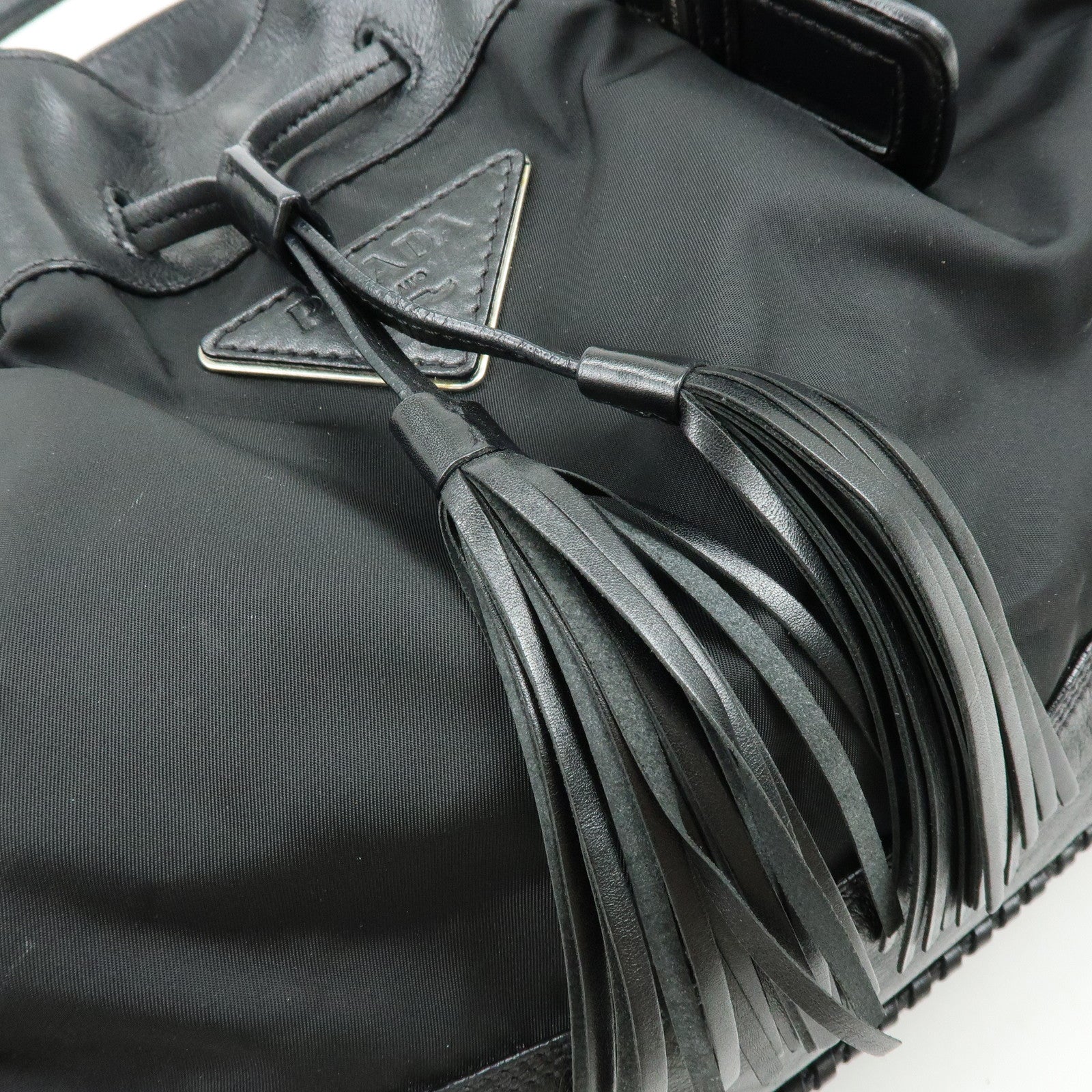 PRADA Triangle Logo Nylon Leather Tote Bag Hand Bag Black BR3616