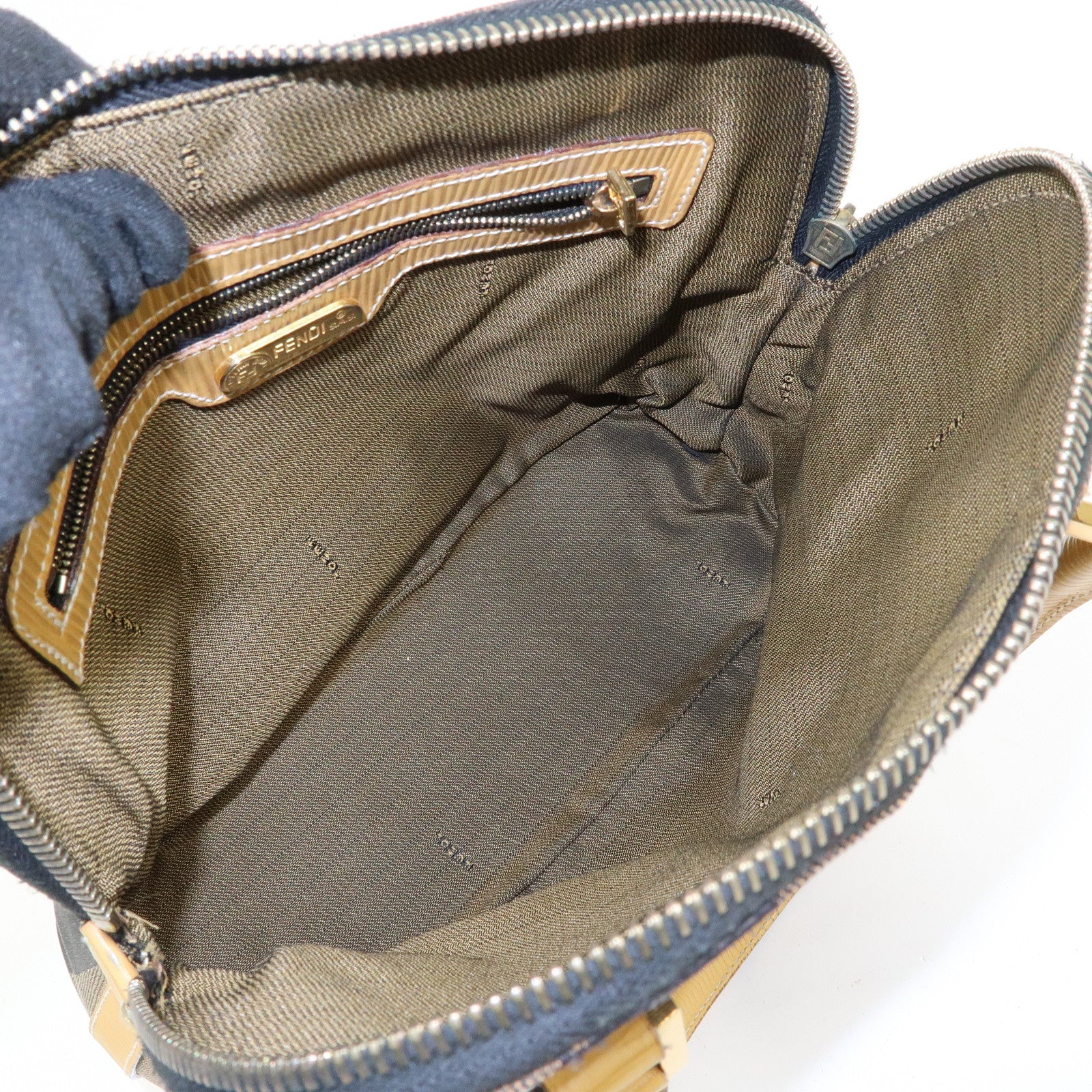 FENDI Pequin Canvas Leather 2Way Bag Hand Bag Shoulder Bag Brown