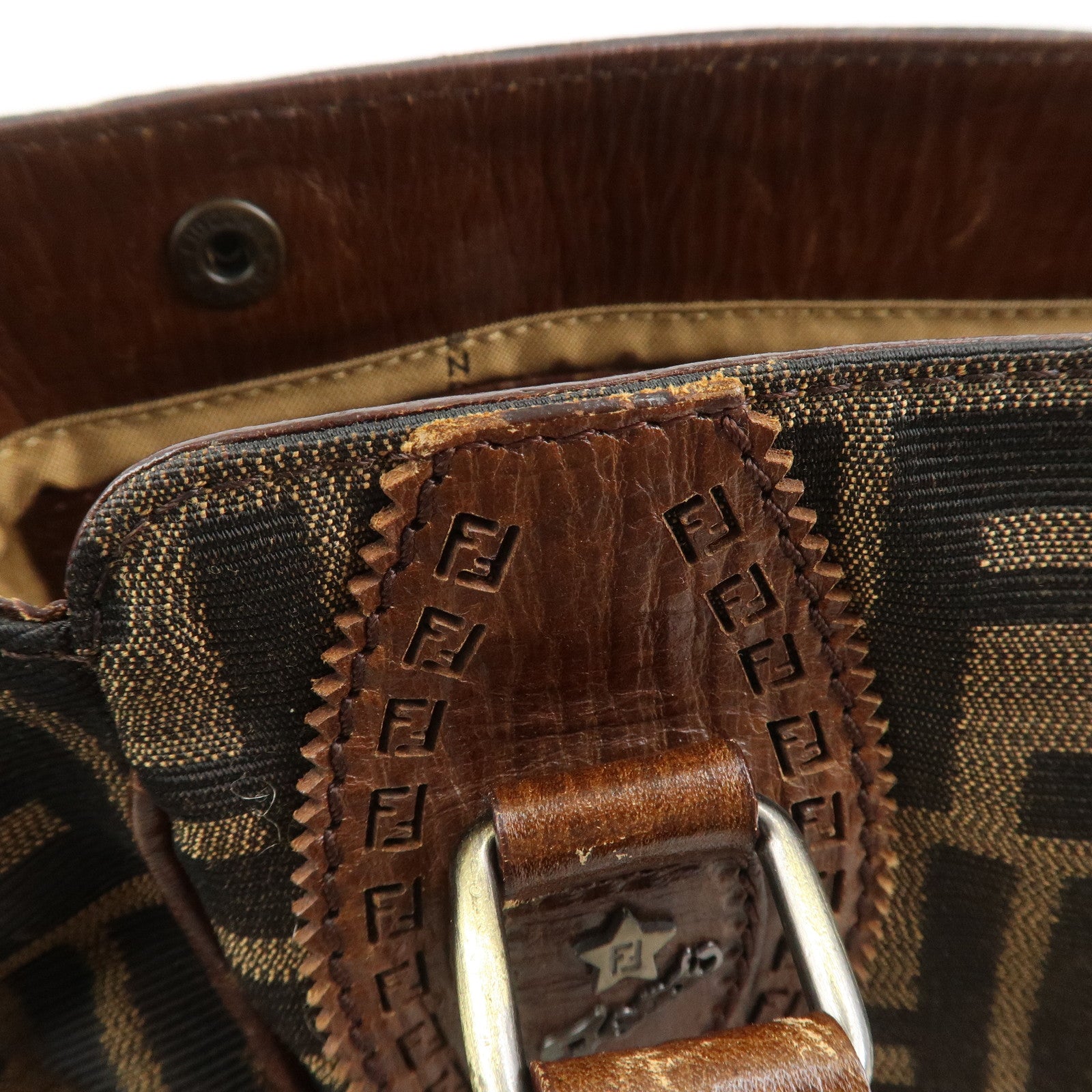 FENDI Etnico Zucca Canvas Leather Shoulder Bag Brown Black 8BN157