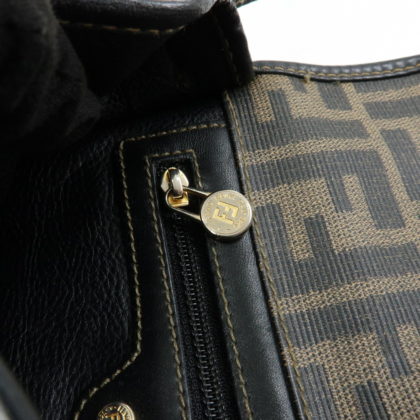 FENDI Zucca PVC Leather Canvas Shoulder Bag Brown Black