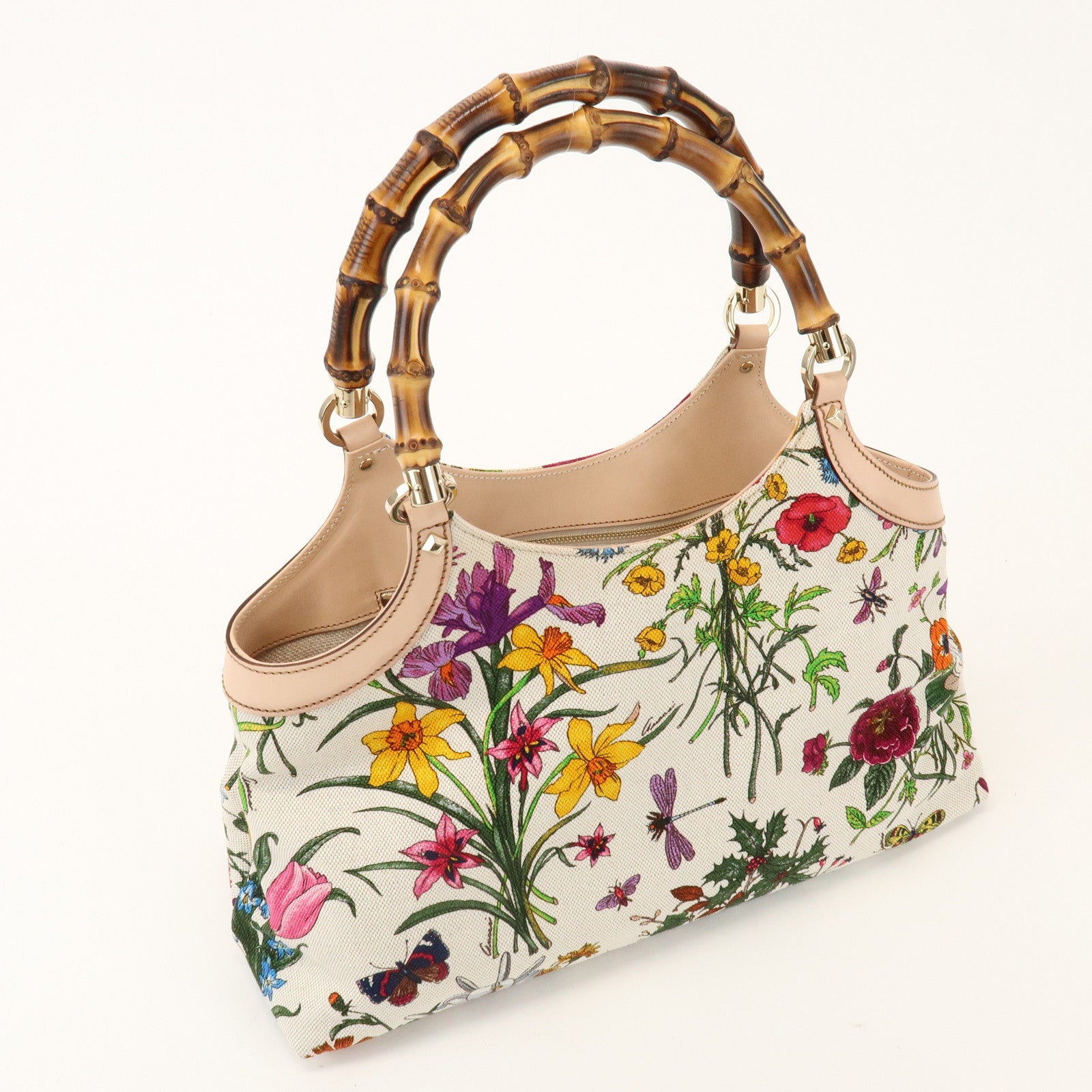 GUCCI Bamboo Flora Canvas Leather Hand Bag Multicolor Beige 137395
