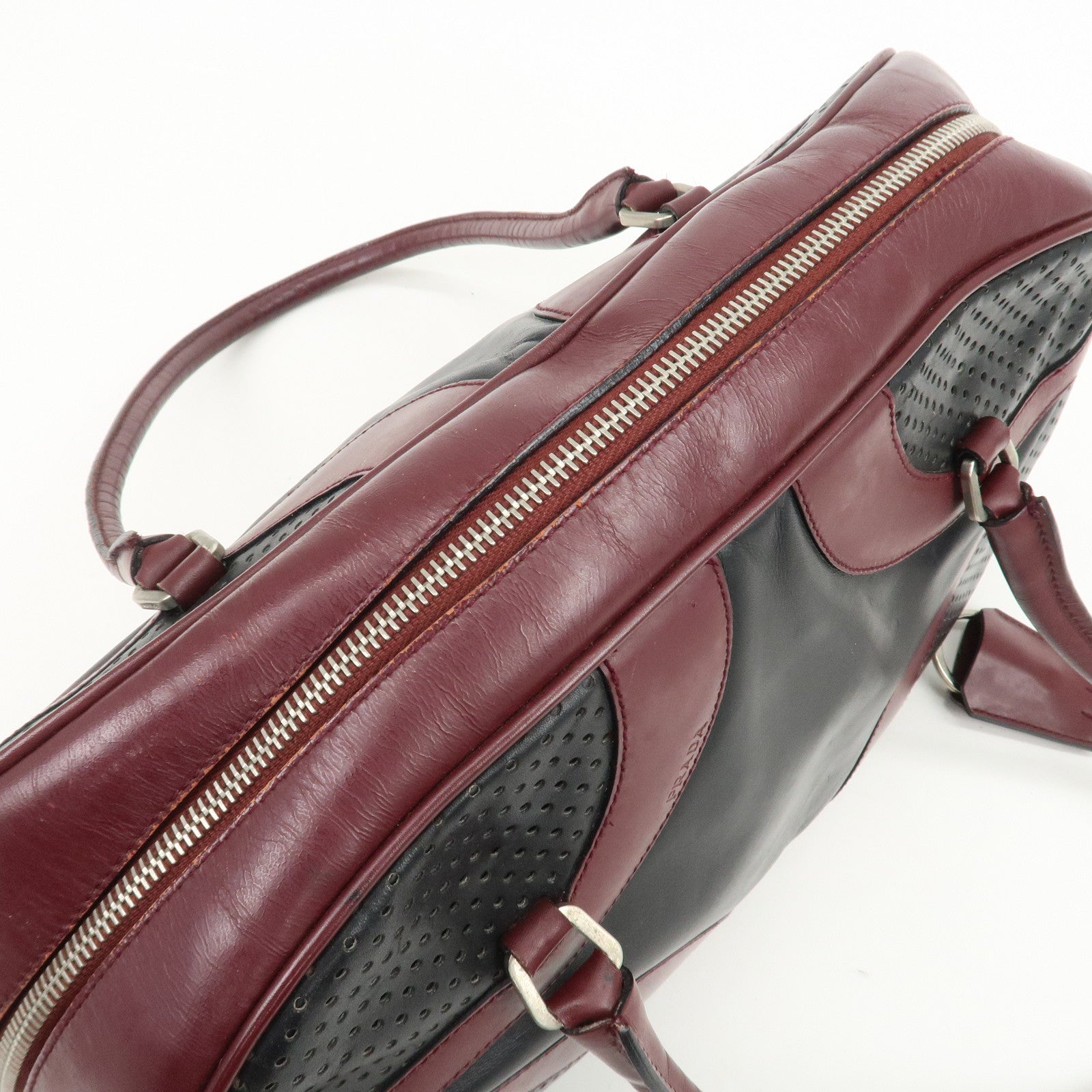 PRADA Leather Boston Bag Bowling Bag Hand Bag Black Bordeaux B10524