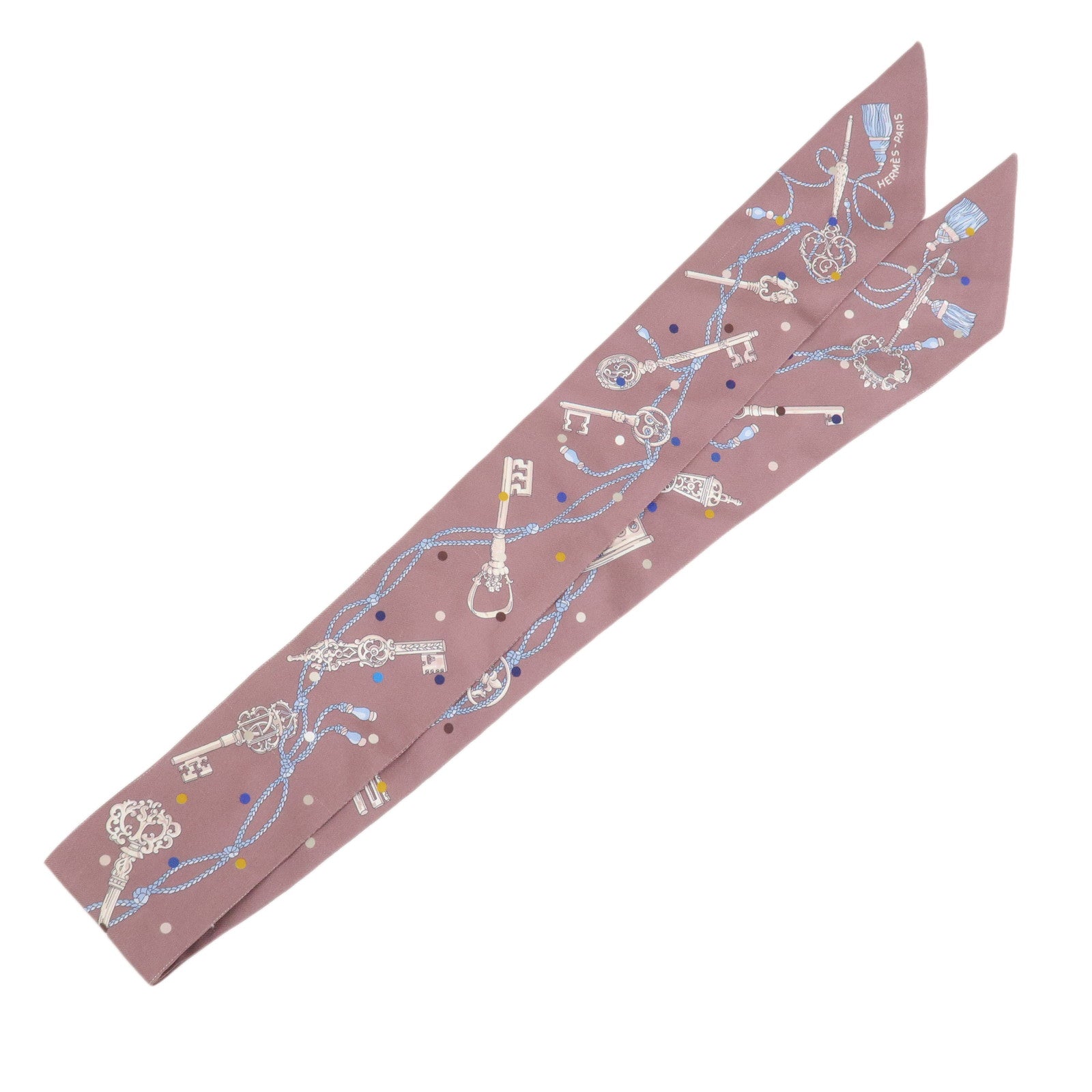 HERMES Silk 100% Twilly Scarf LES CLES A POIS Purple Multicolor