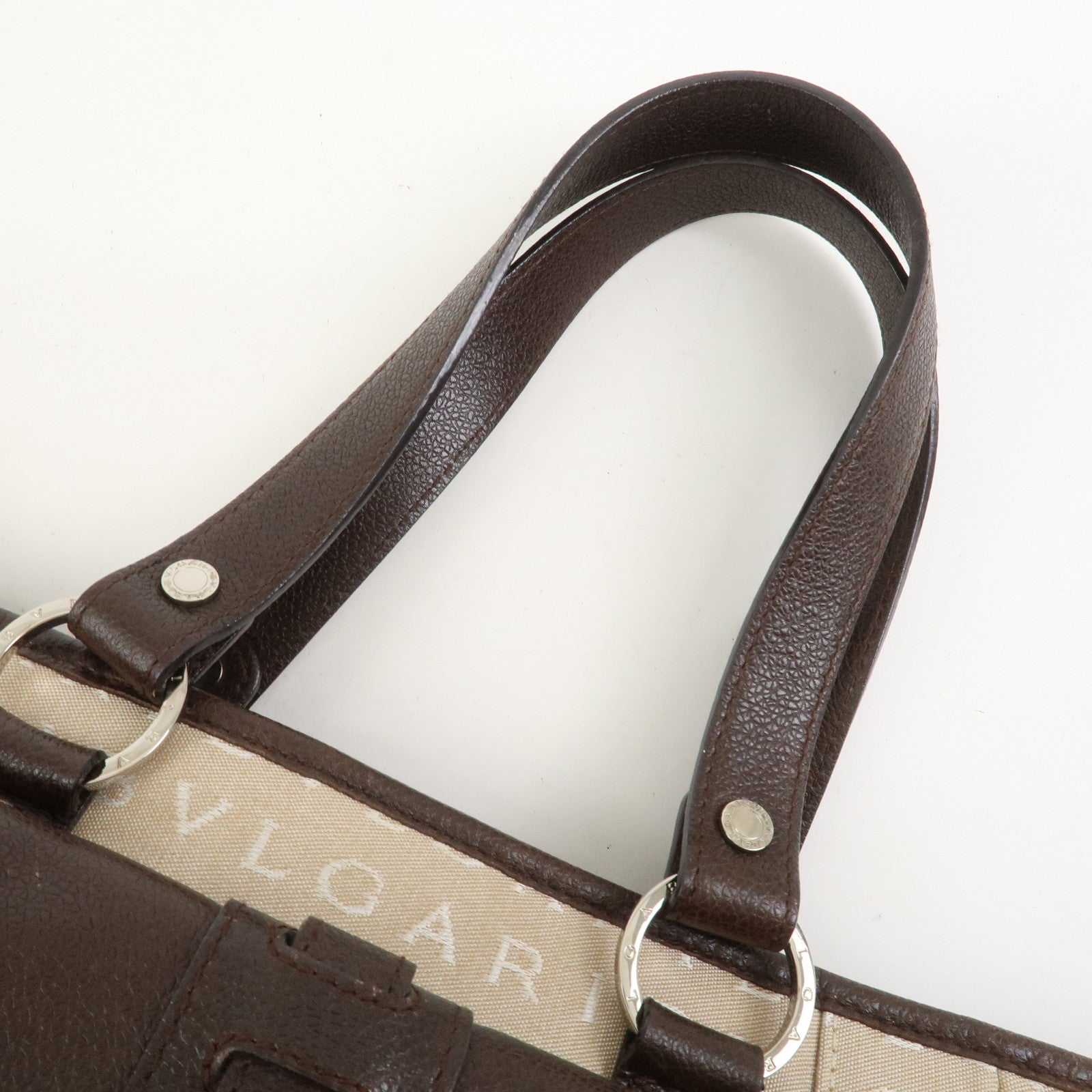 BVLGARI Logo Mania Canvas Leather Tote Bag Hand Bag Beige Brown
