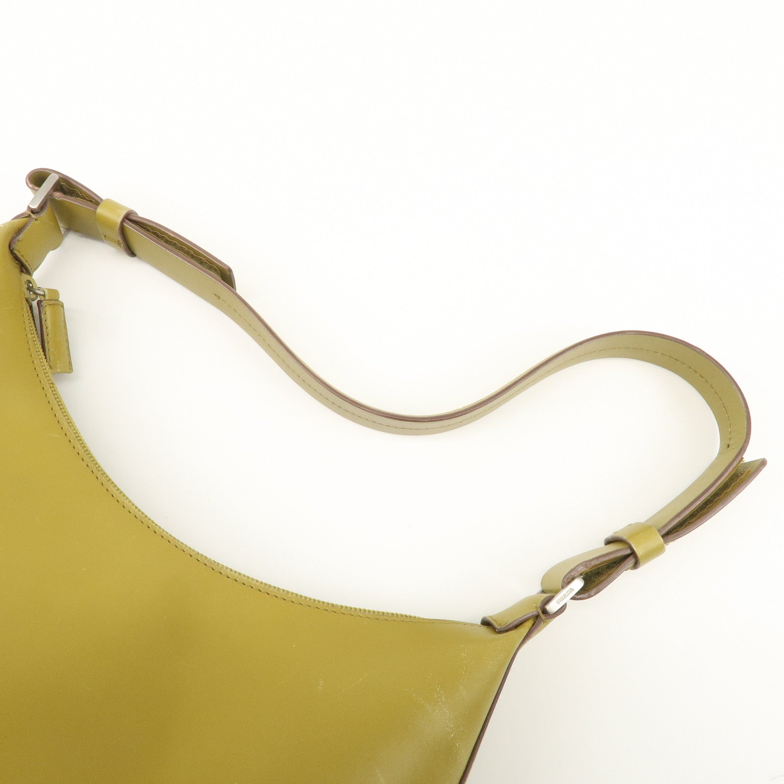PRADA Leather Shoulder Bag Mustard Silver Hardware Used